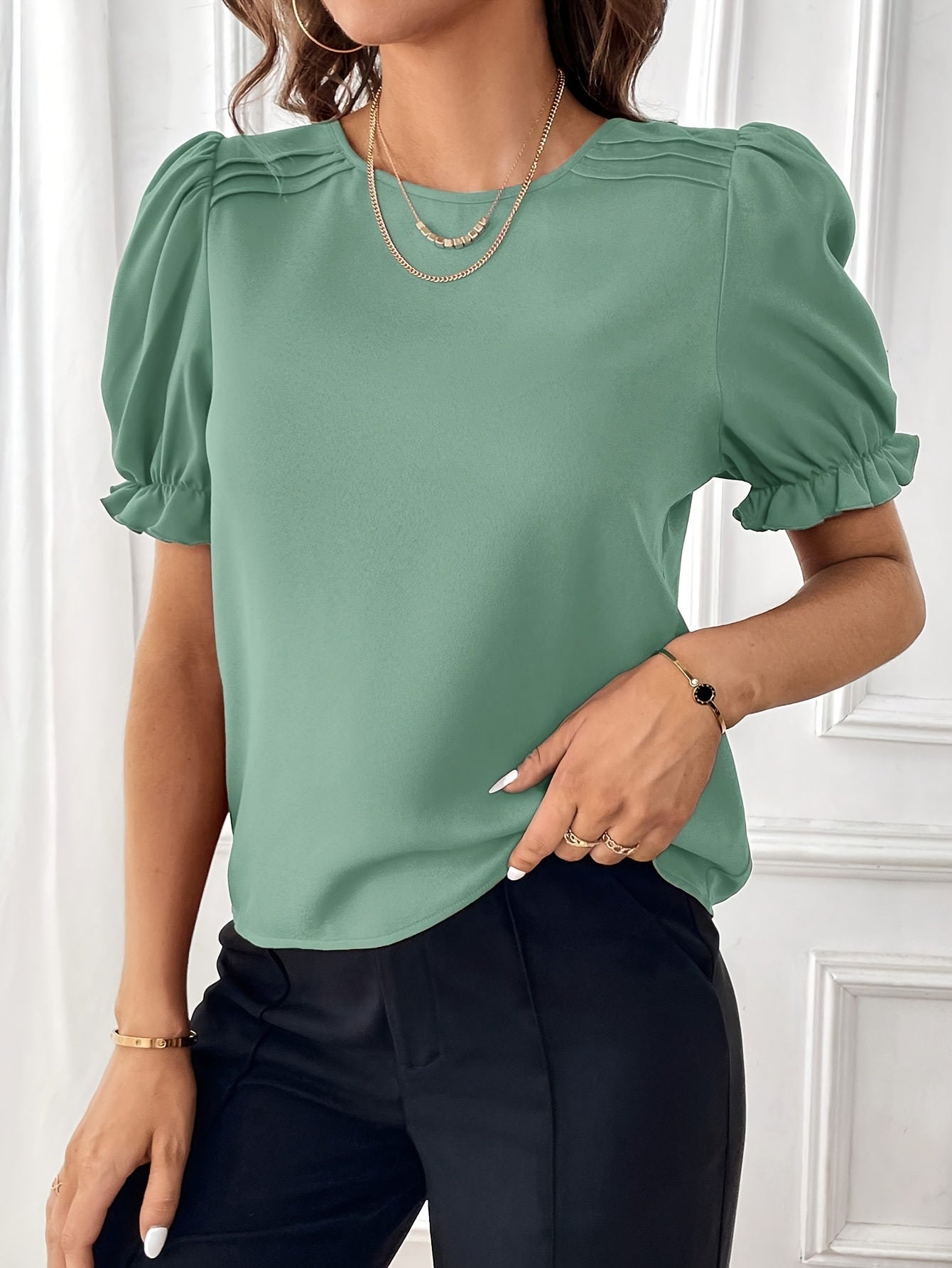 Solid Crew Neck Blouse, Elegant Puff Sleeve Blouse