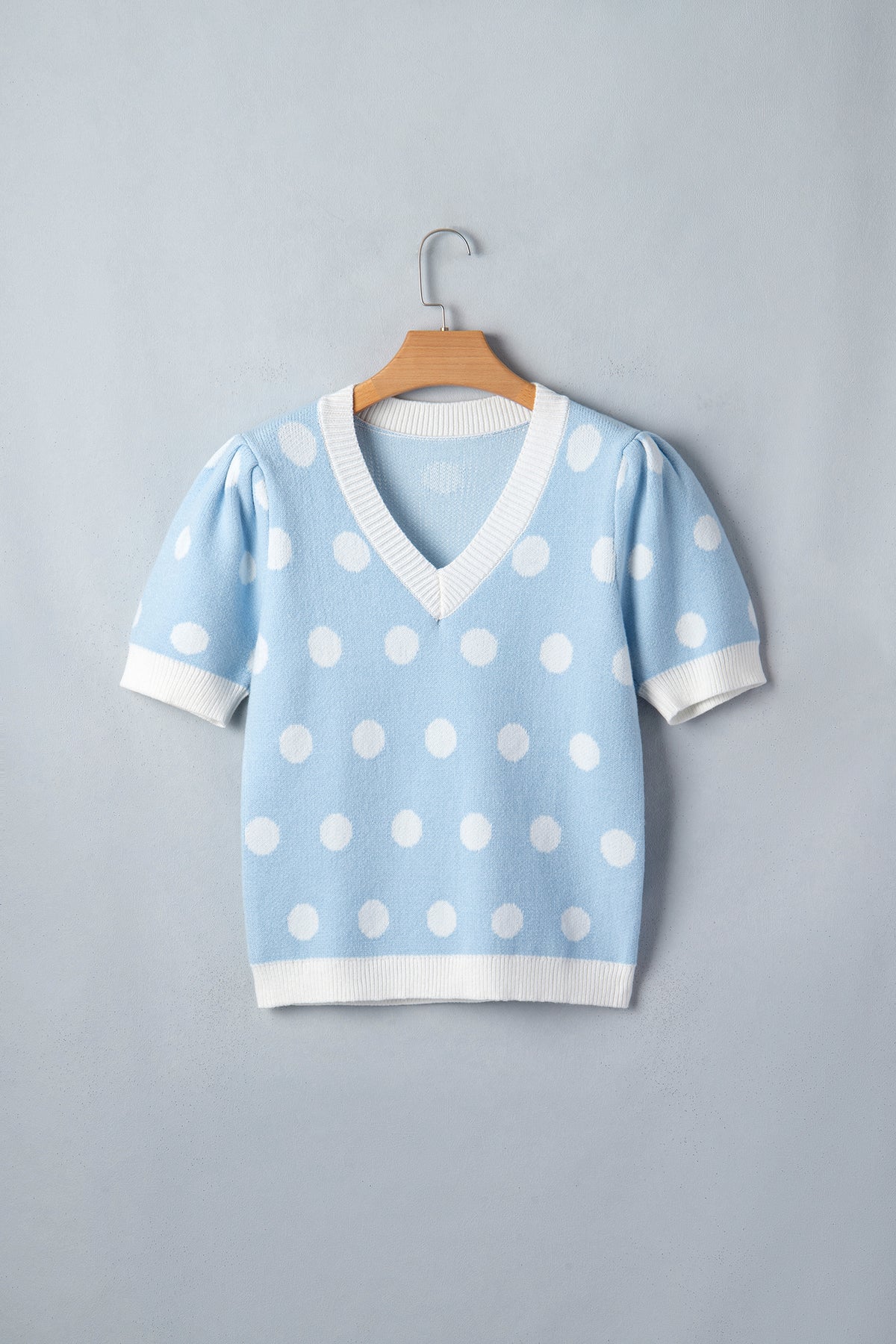 Light Blue Polka Dot Puff Short Sleeve Sweater Top