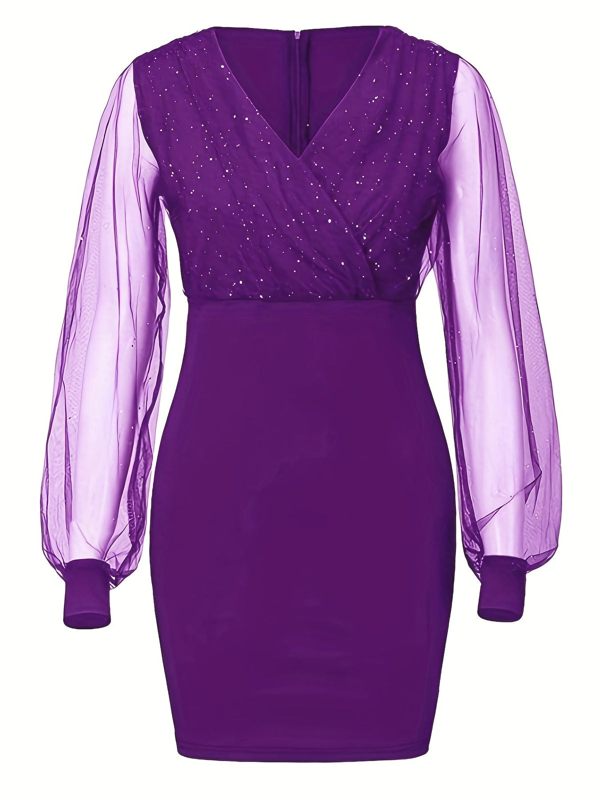 Solid Sequin Stitching Lace Long Sleeve Dress, Elegant Mesh Slim Sexy Party Dress