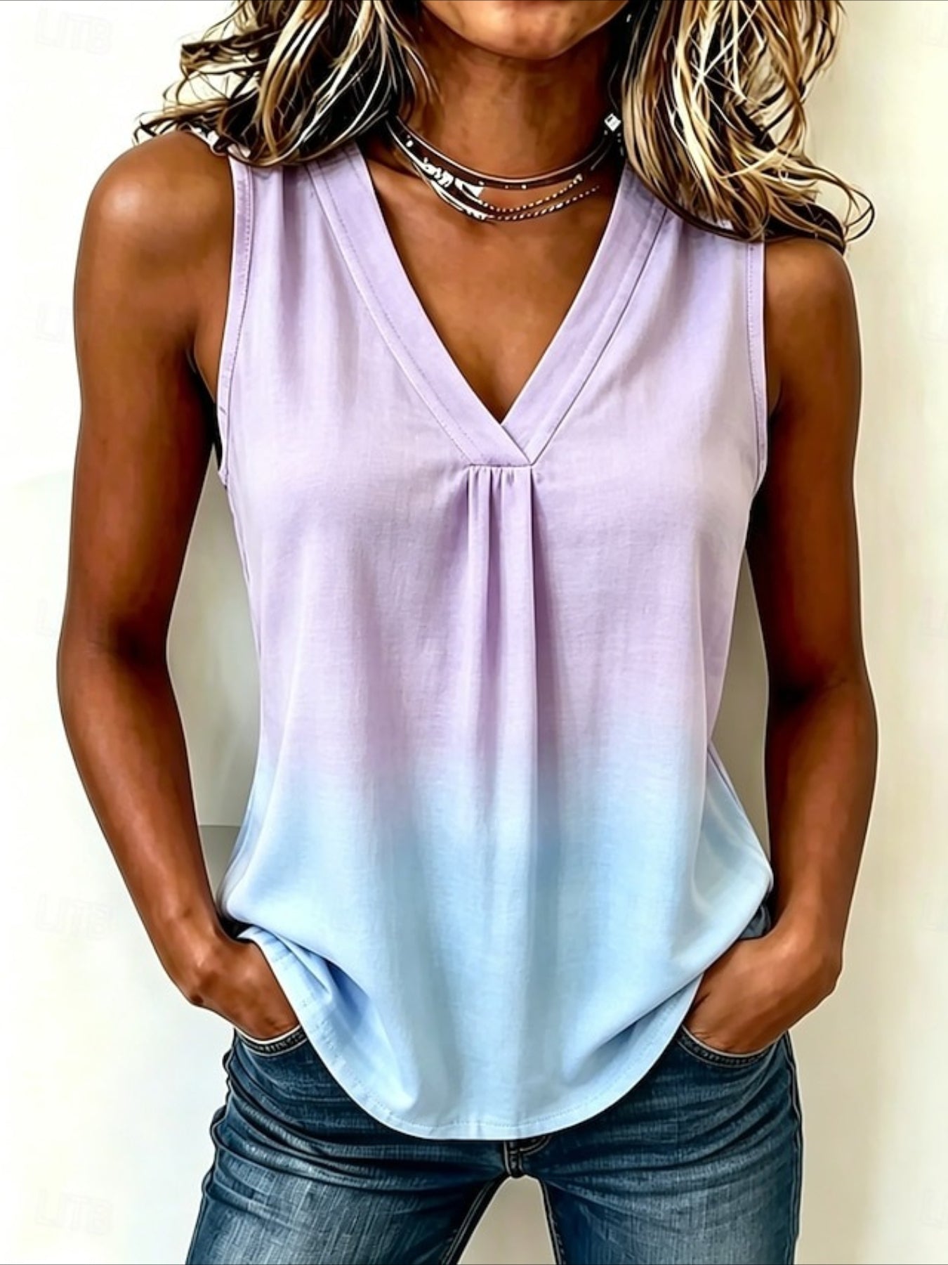 V-Neck Pullover Plaid Print Simple and Elegant Commuter Tank Top