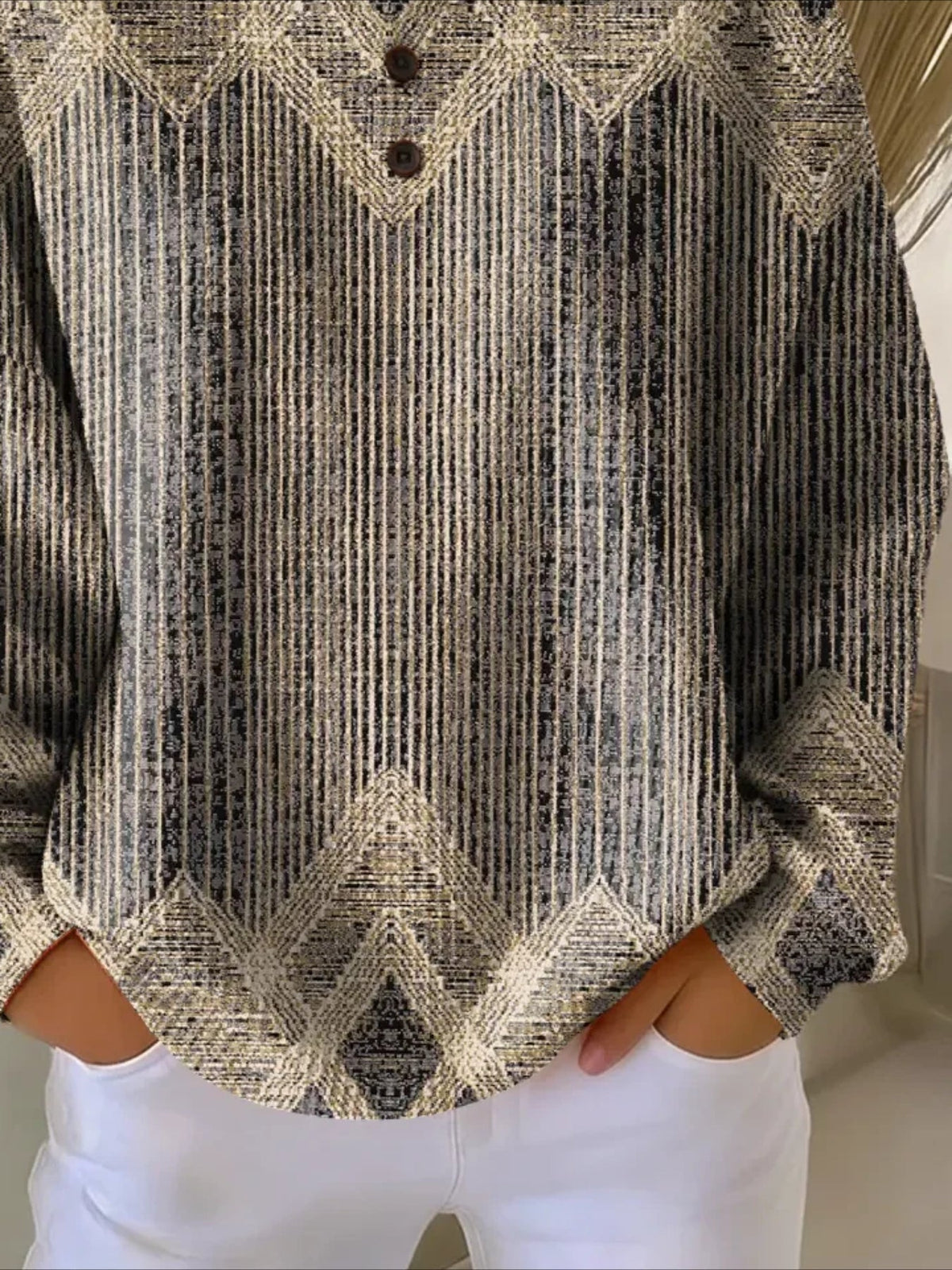 Colorful Ribbed V Neck Braided Print Long Sleeve Regular Sweatshirt