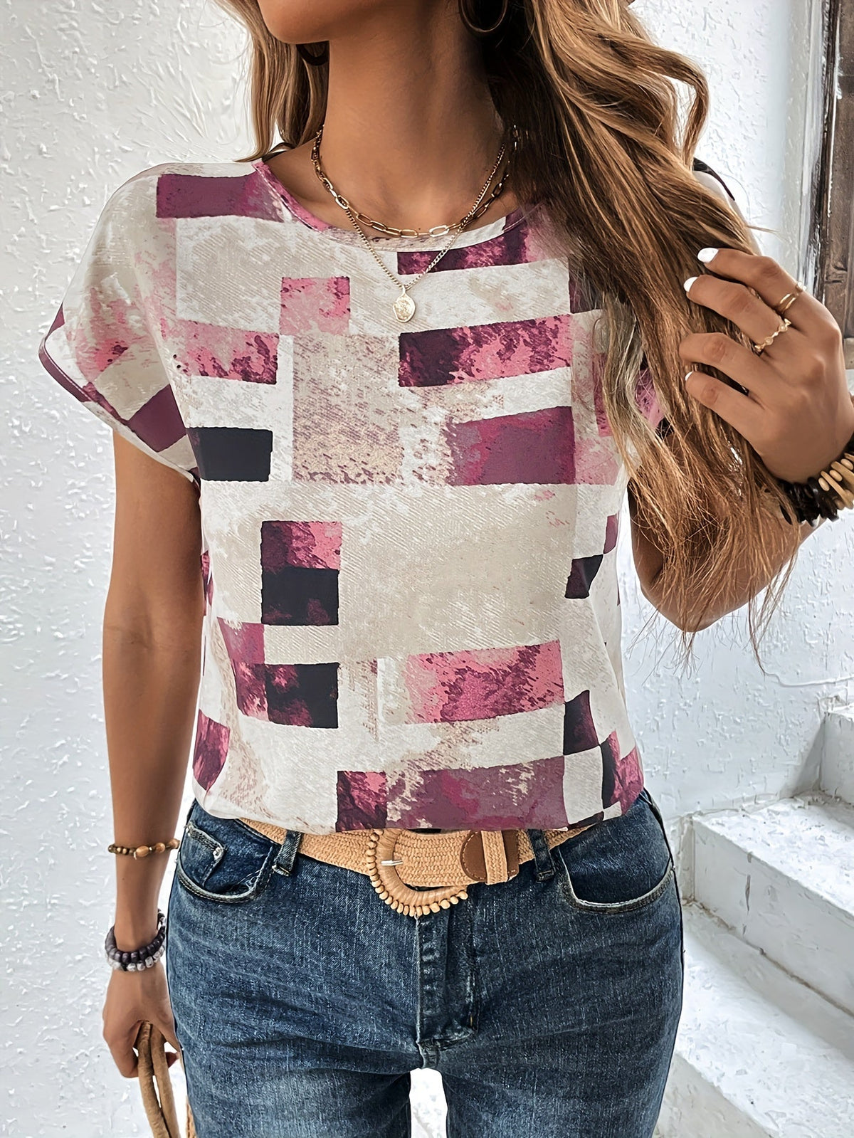 Graphic Print Crew Neck T-shirt, Short Sleeve Aztec Print Tops