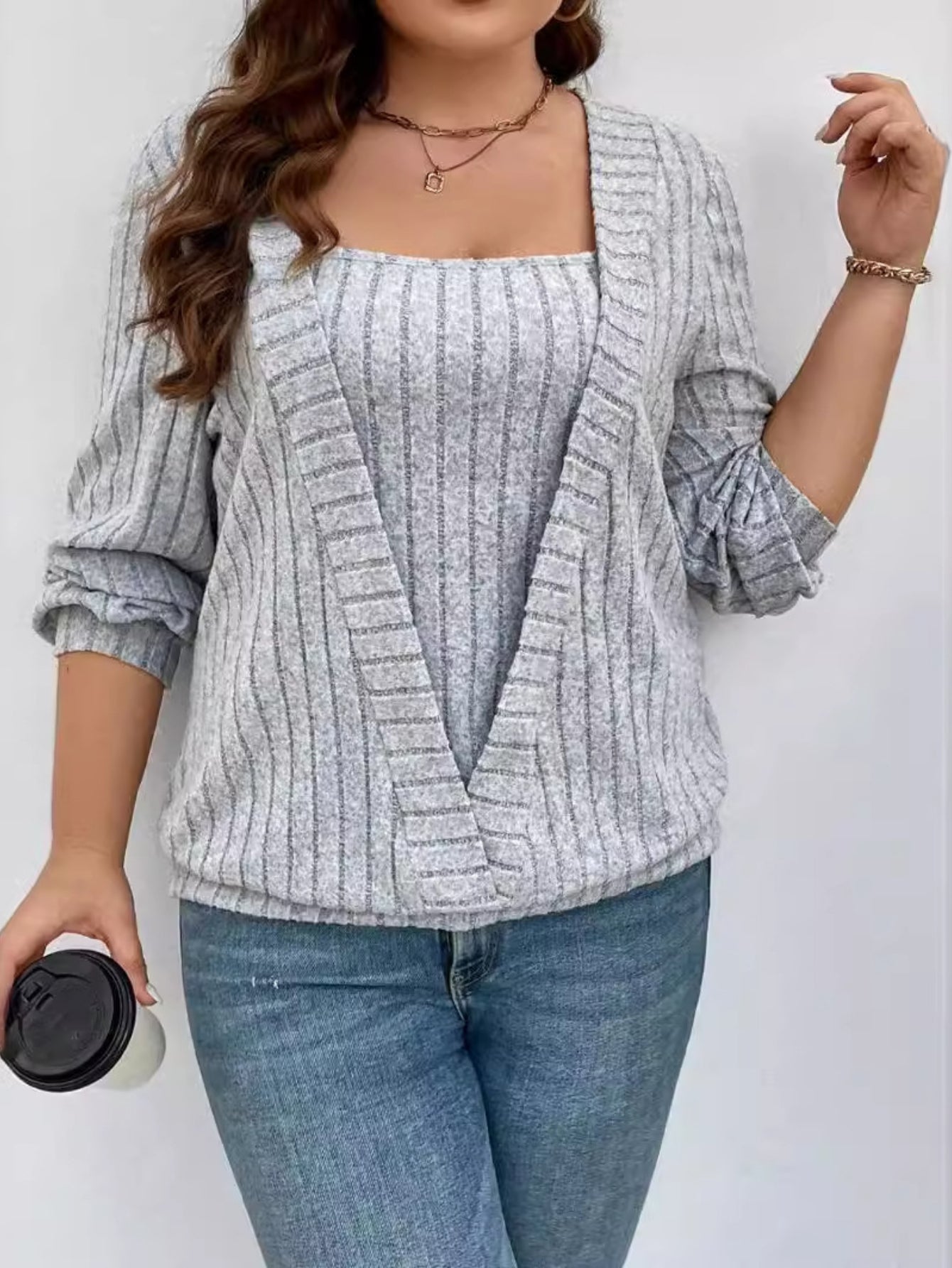 Women's Solid Color Rib Knit Embroidered 2-In-1 Casual Sweatshirt