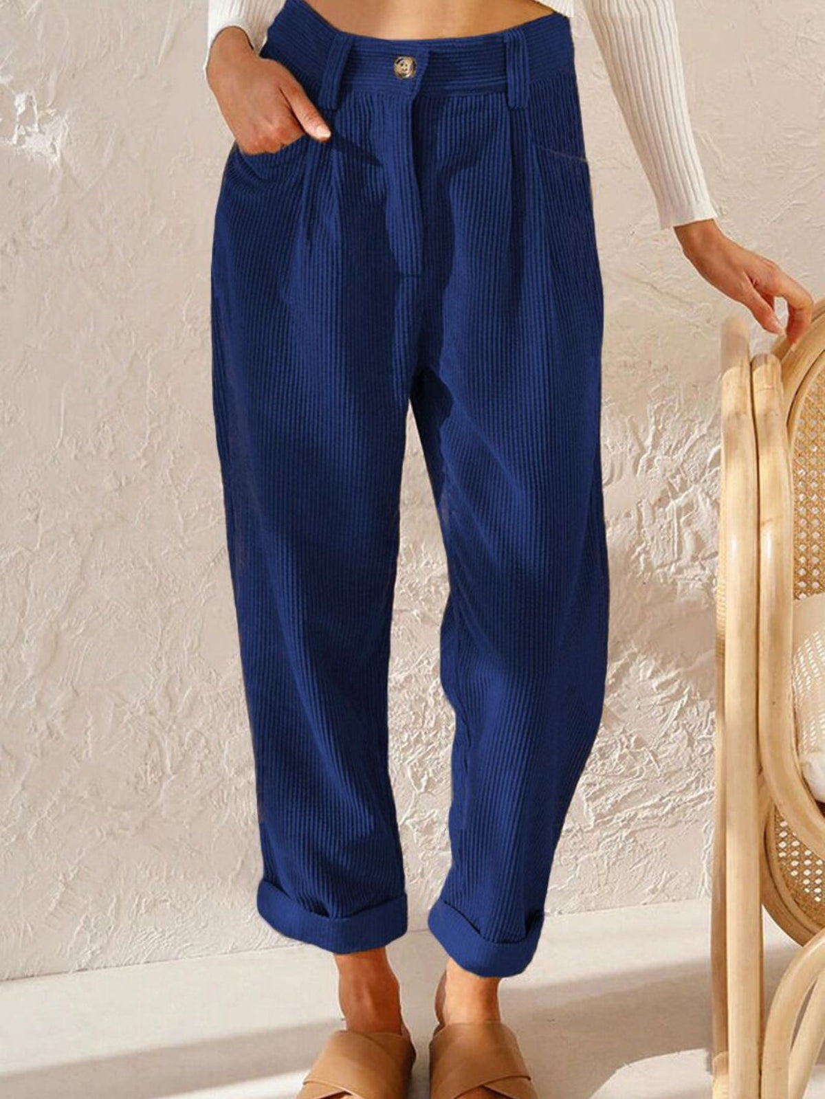 Women's High-Waist Corduroy Pants - Casual Solid Color, Loose Fit Straight Leg with Pockets