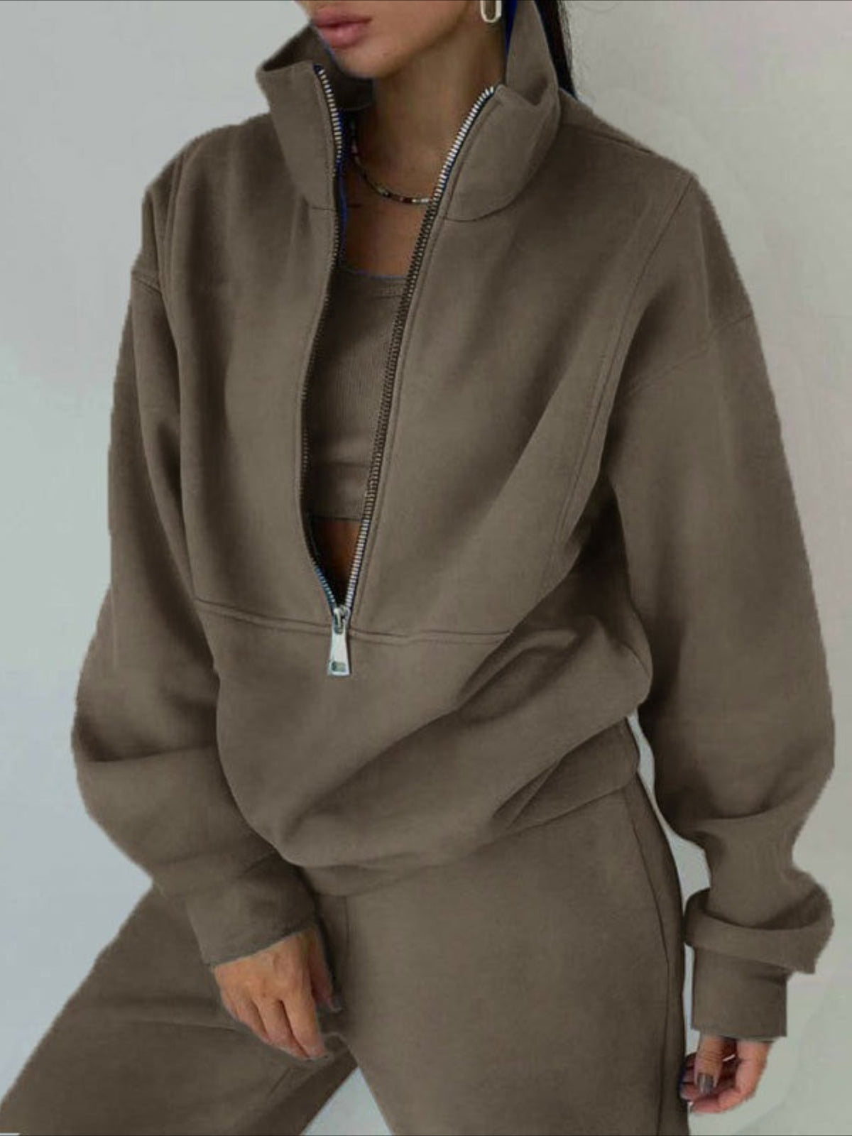 Cozy Fleece Zip-Up Top & Loose Pants Two-Piece Set