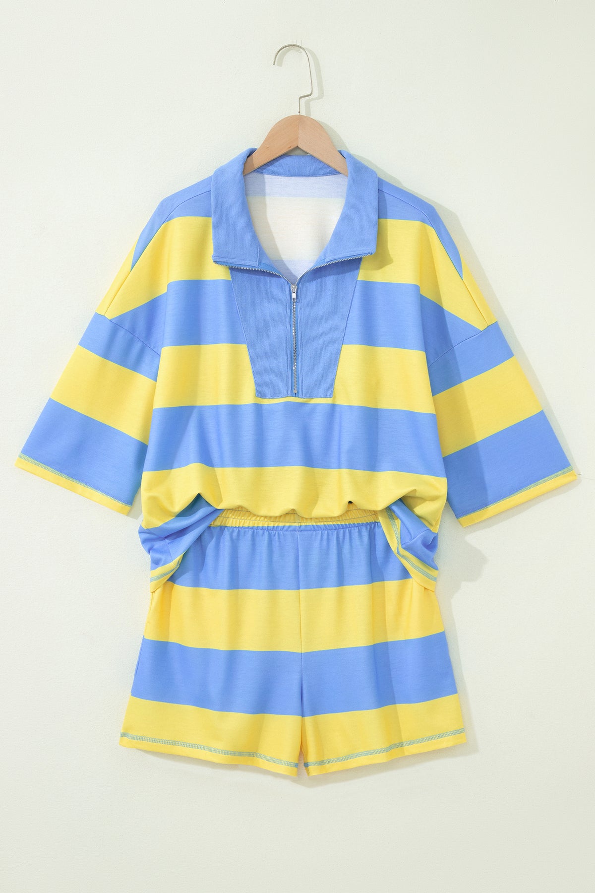 Yellow Stripe Half Zipper Placket Bracelet Sleeve Top Casual Shorts Set