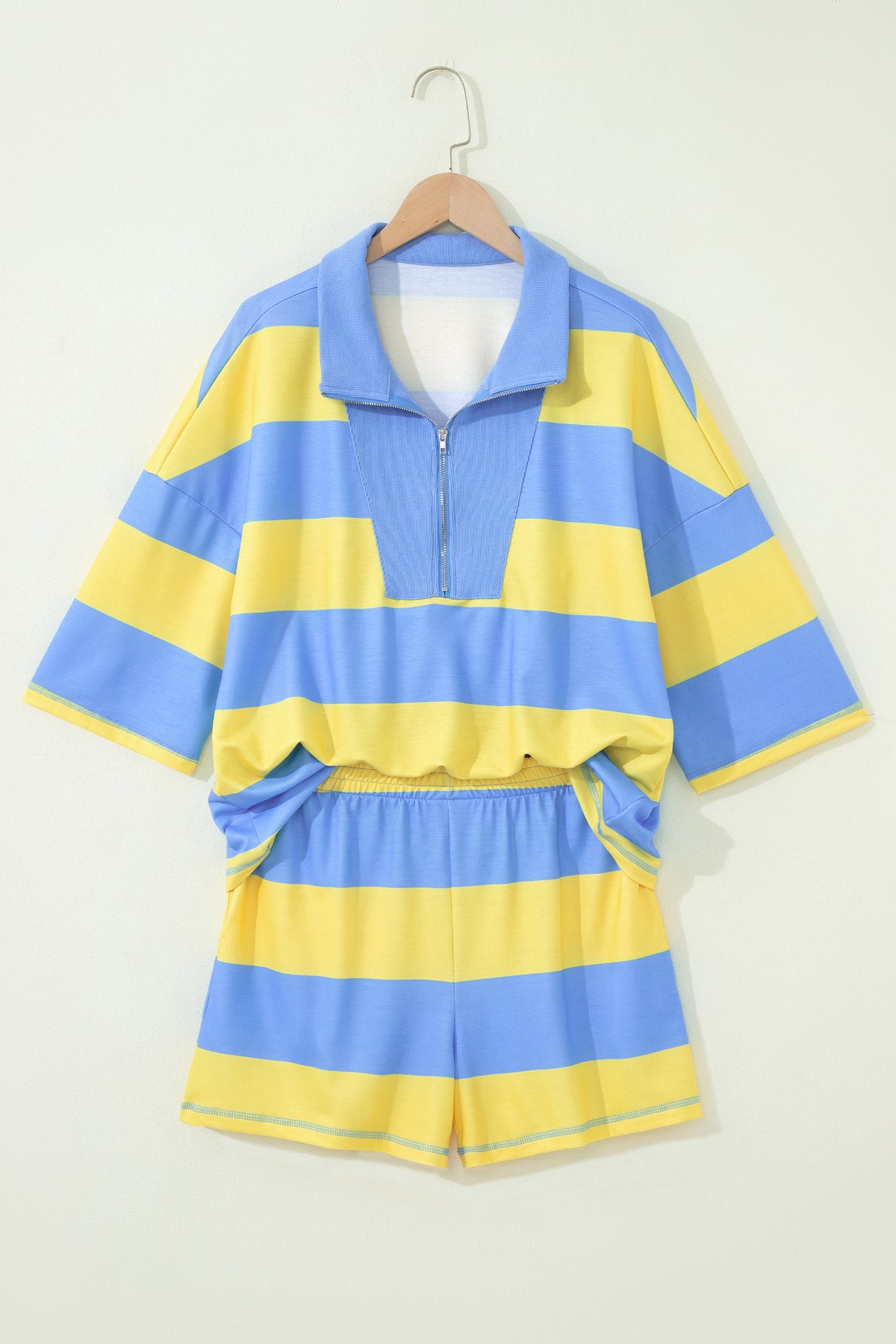 Yellow Stripe Half Zipper Placket Bracelet Sleeve Top Casual Shorts Set