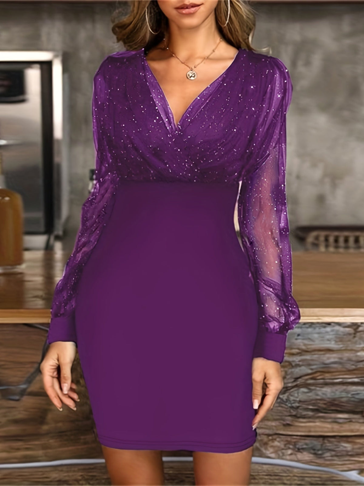 Solid Sequin Stitching Lace Long Sleeve Dress, Elegant Mesh Slim Sexy Party Dress