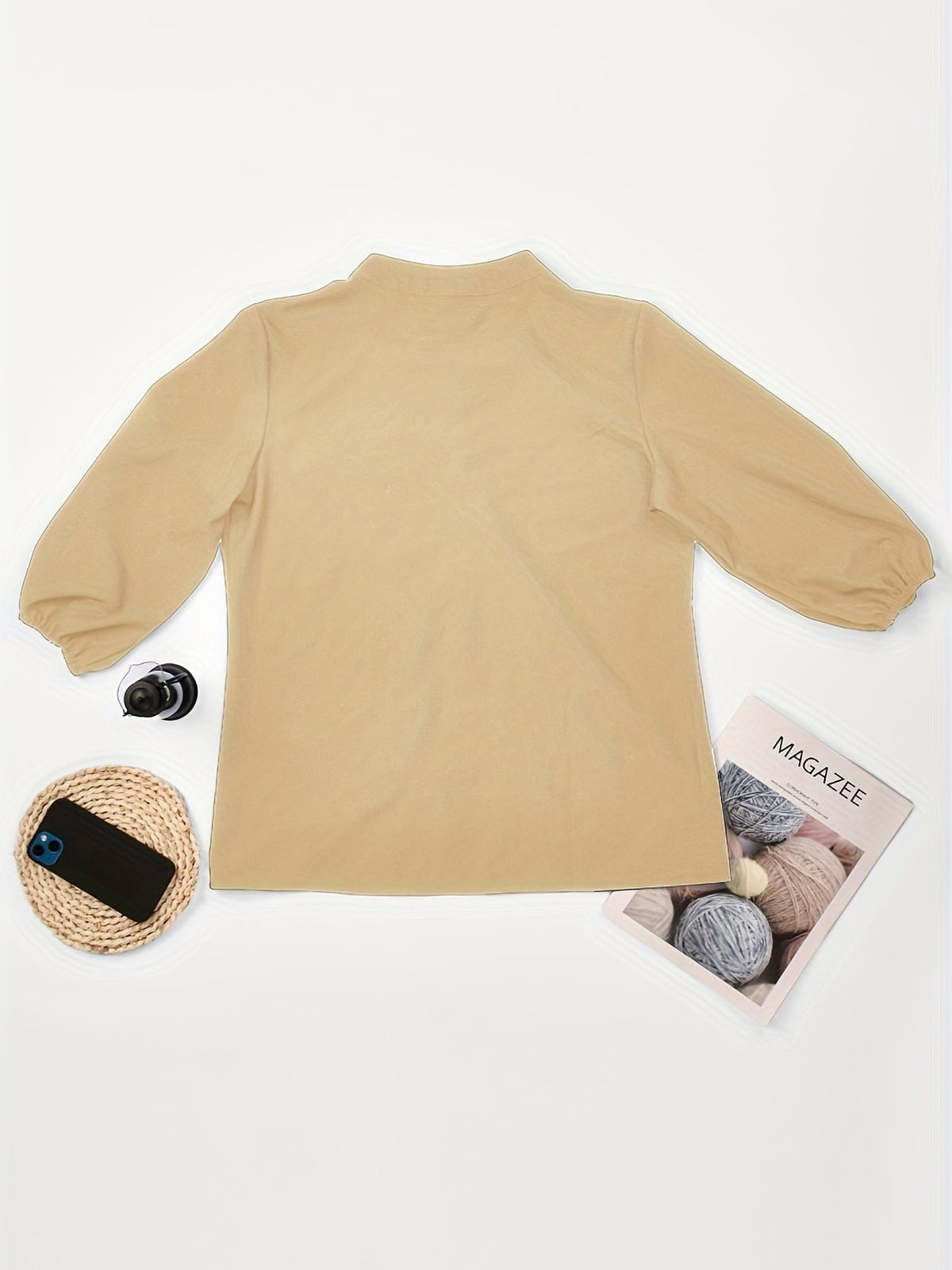 Solid Button Front Blouse, Casual Stand Collar Long Sleeve Blouse