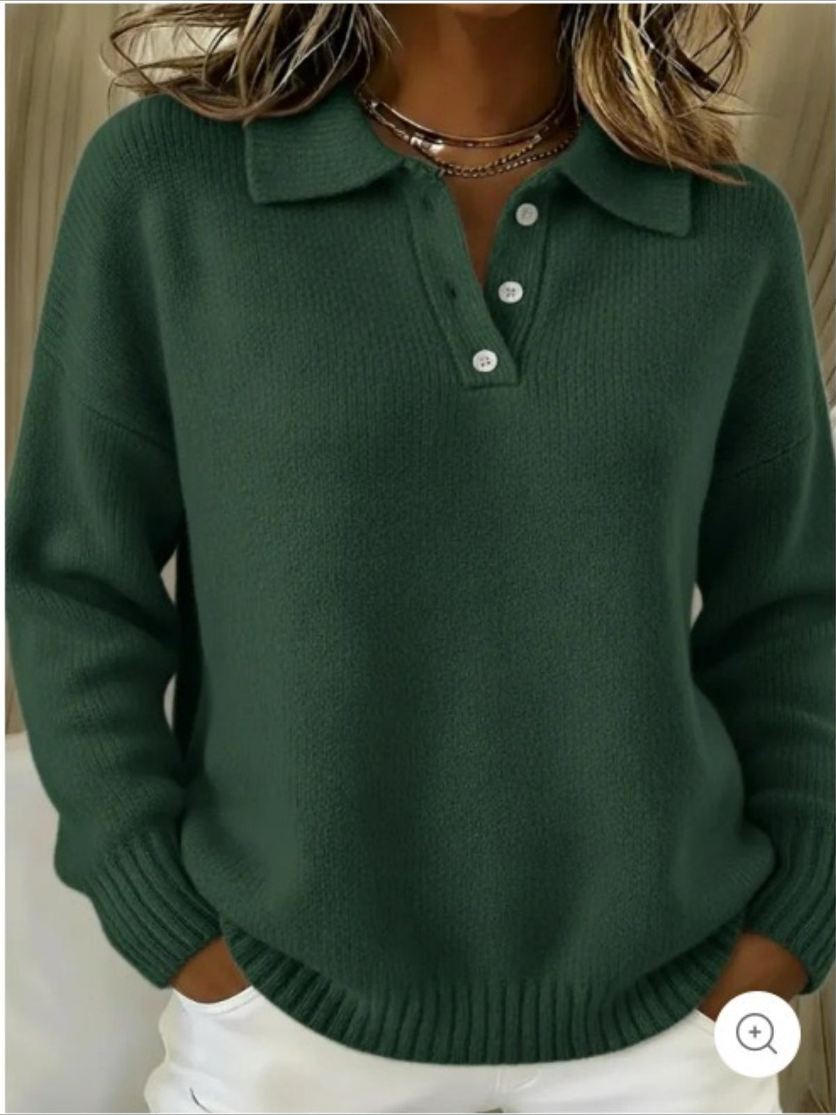 Classic Polo Neck Button-Down Solid Color Sweater Top