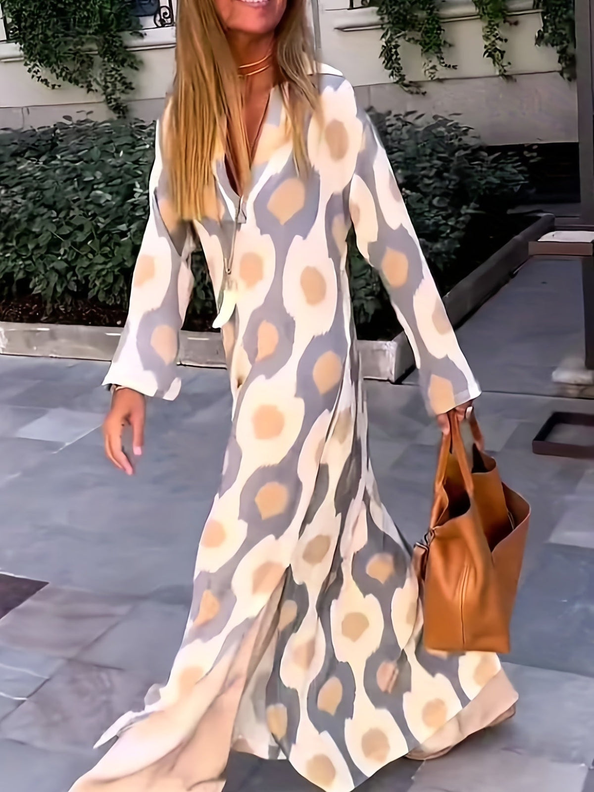 Graphic Print Split Dress, Vintage V Neck Long Sleeve Maxi Dress