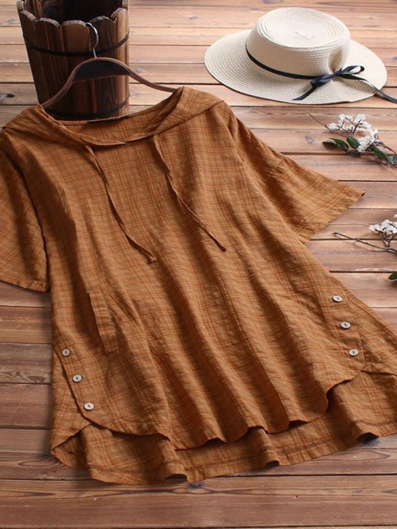 Elegant Hooded Plaid Blouse for Women - Long Sleeve Shirt with Drawstring Detail