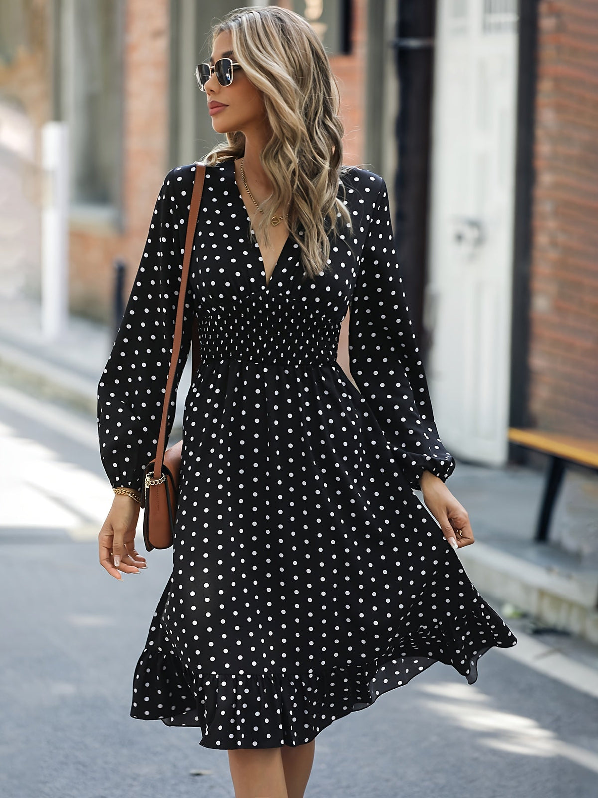 Retro V-neck Ruffle Dress, Polka Dot Print Long Sleeve Waist Loose Summer Dresses