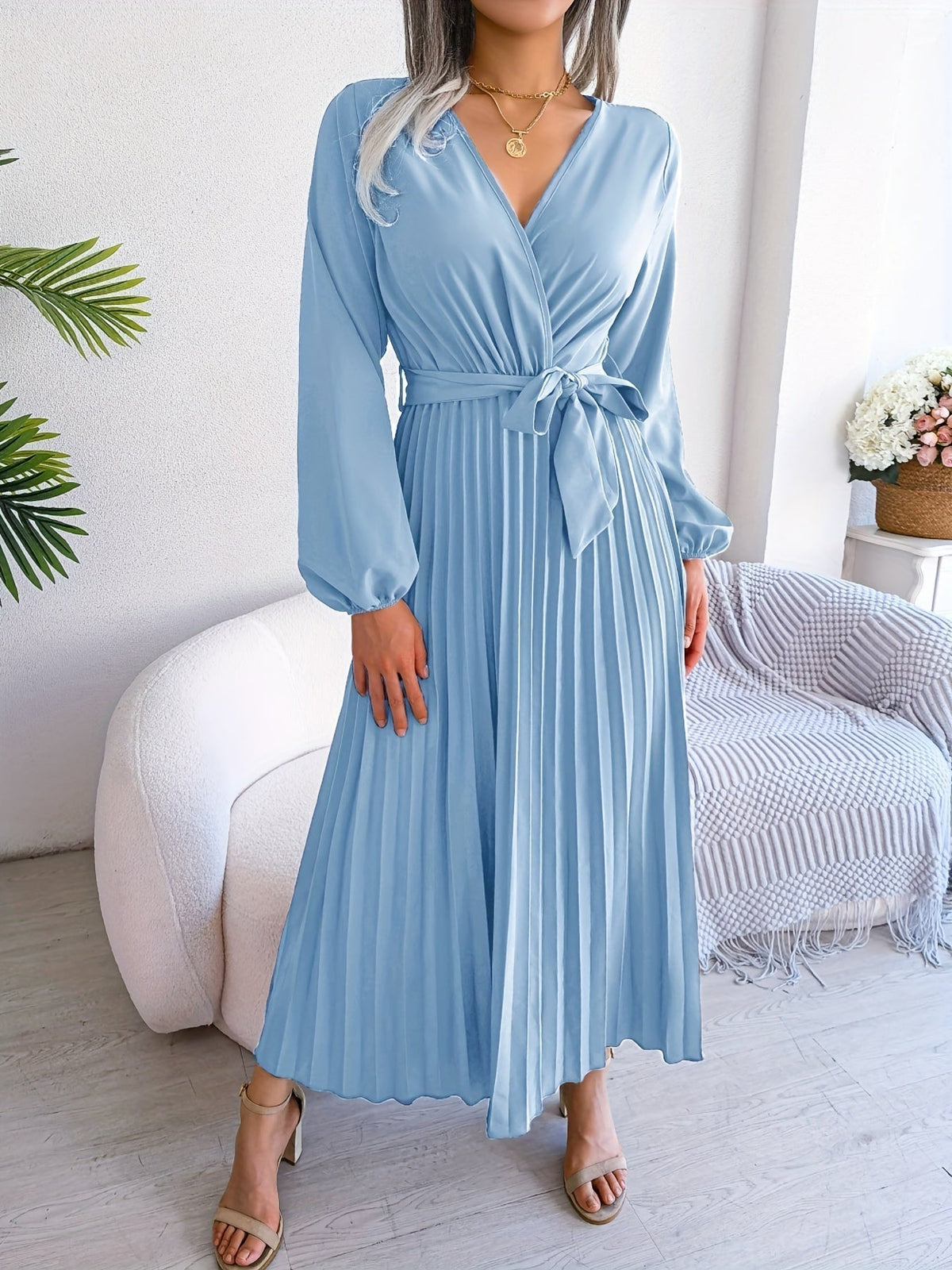 Pleated Surplice Neck Dress, Elegant Long Sleeve Solid Dress, Women's Clothing