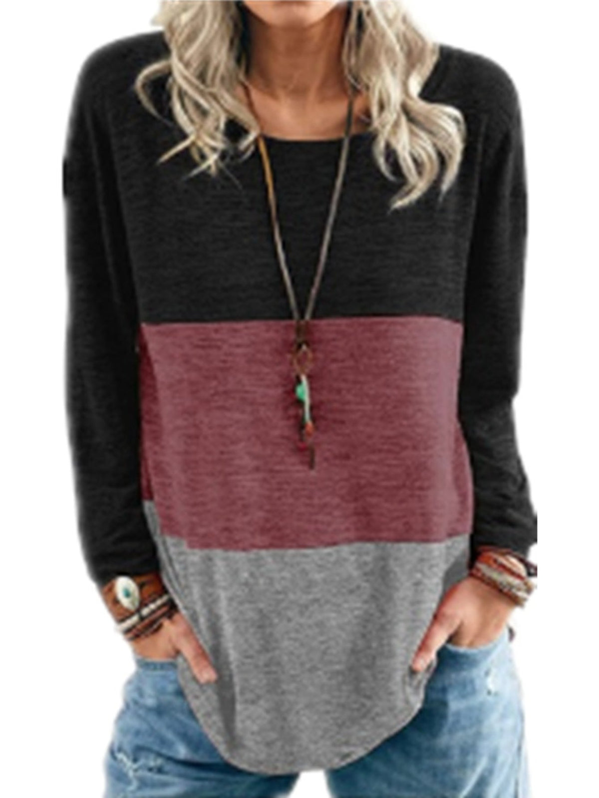 Women's Colorblock Long Sleeve Round Neck Medium Stretch Top