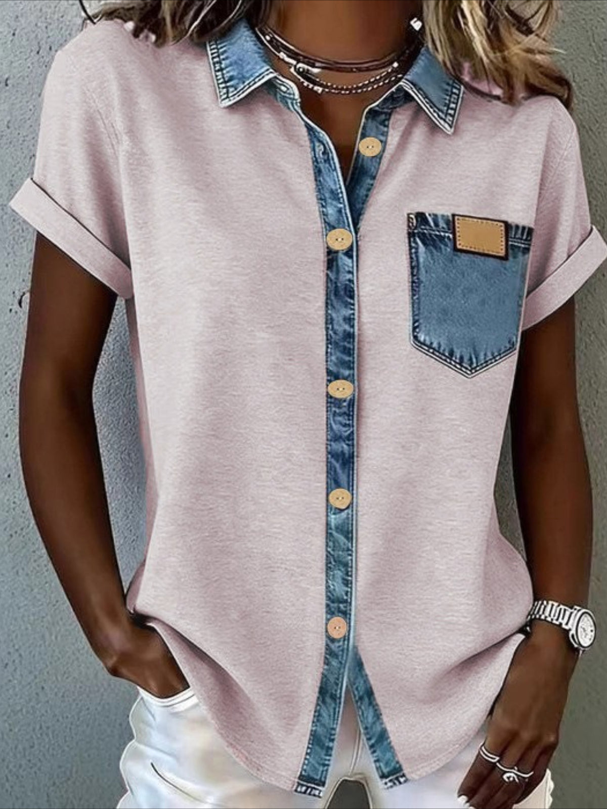 Fashion Short Sleeve Button-Up Blouse