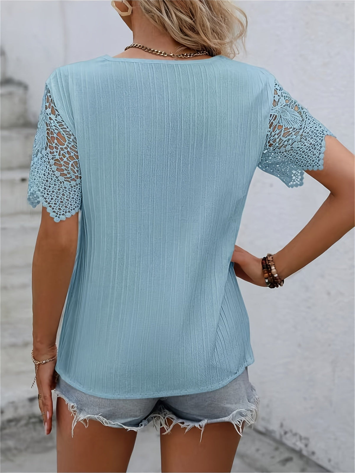 Solid Lace Splicing V-neck Blouse, Vintage Short Sleeve Blouse