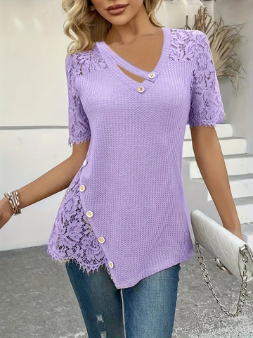 Contrast Lace Embroidery Solid Color Short Sleeve Elegant Casual Beach Vacation T-Shirt
