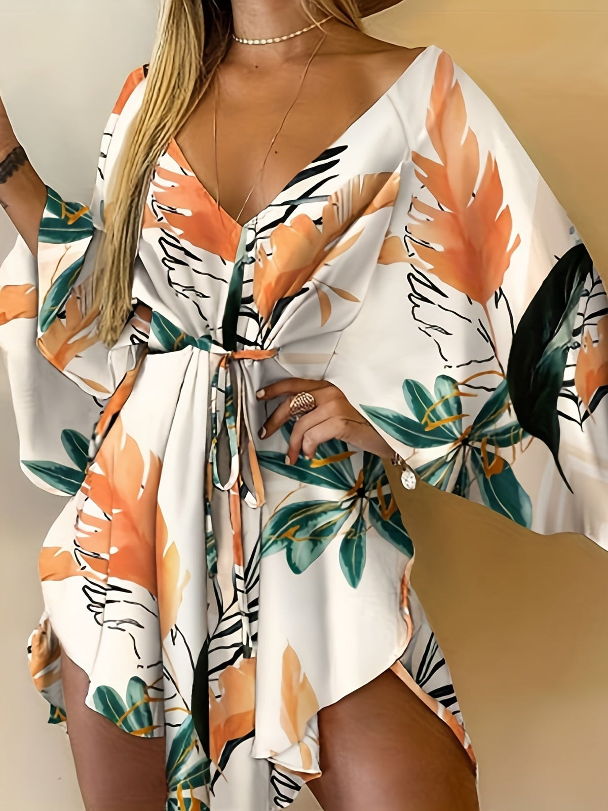 Full Printed V Neck Dress, Casual Tie Waist Batwing Sleeve Dress