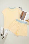 Yellow Cream Soft Ribbed Color Block Trim Casual Short Set