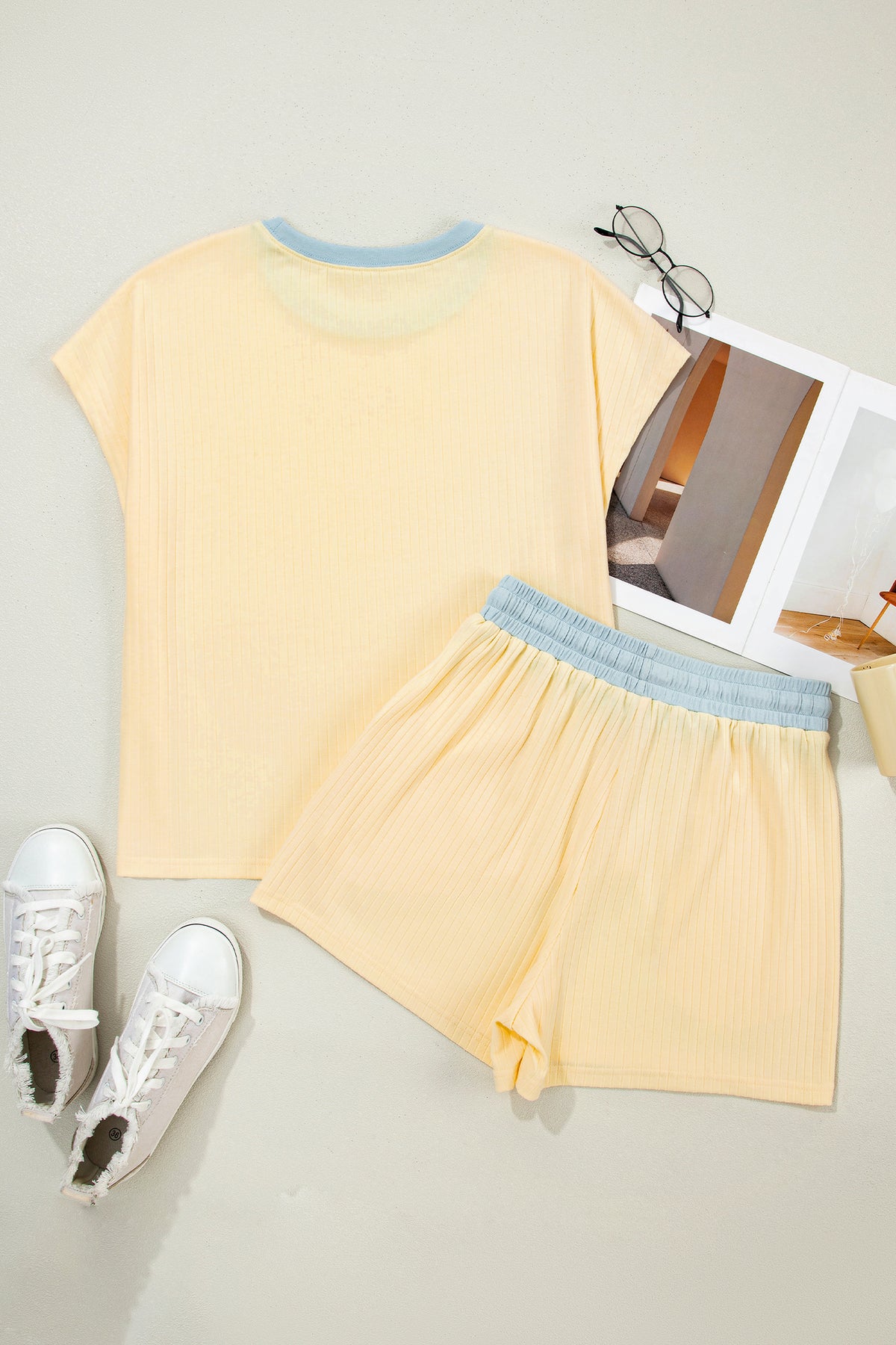 Yellow Cream Soft Ribbed Color Block Trim Casual Short Set