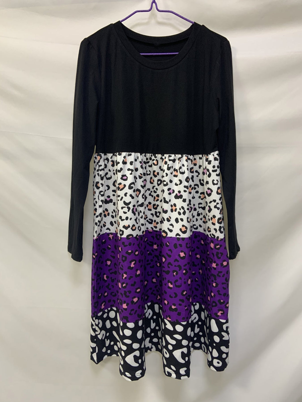Leopard Print Color Block Dress, Casual Crew Neck Long Sleeve Dress