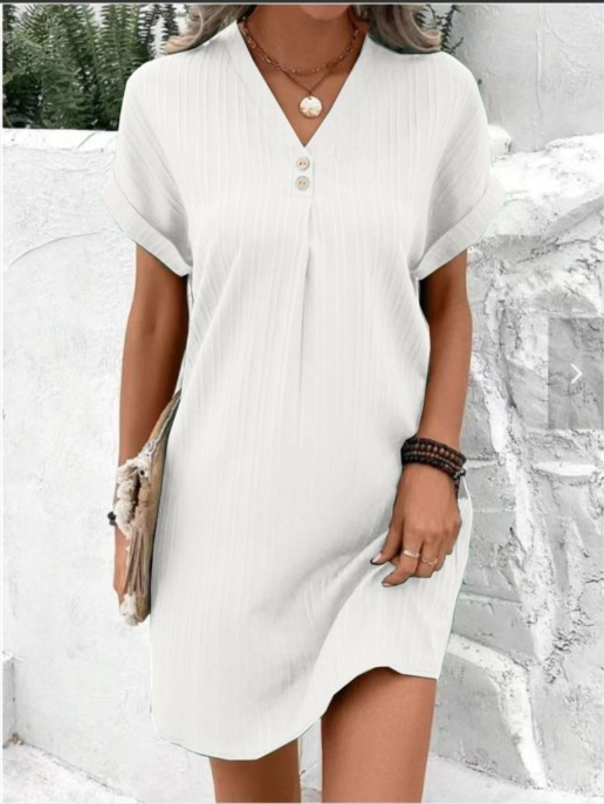 Button Decor V Neck Dress, Elegant Short Sleeve Dress