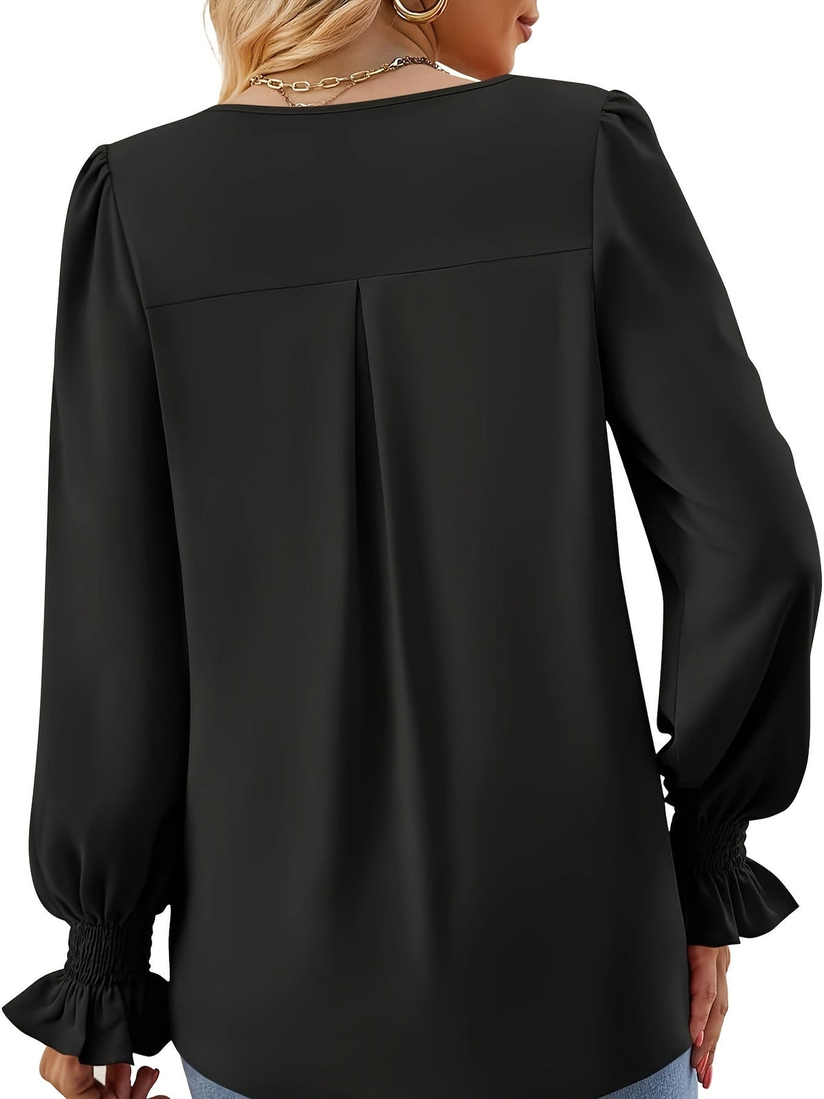 Solid V Neck Simple Blouse, Elegant Long Sleeve Ruched Blouse