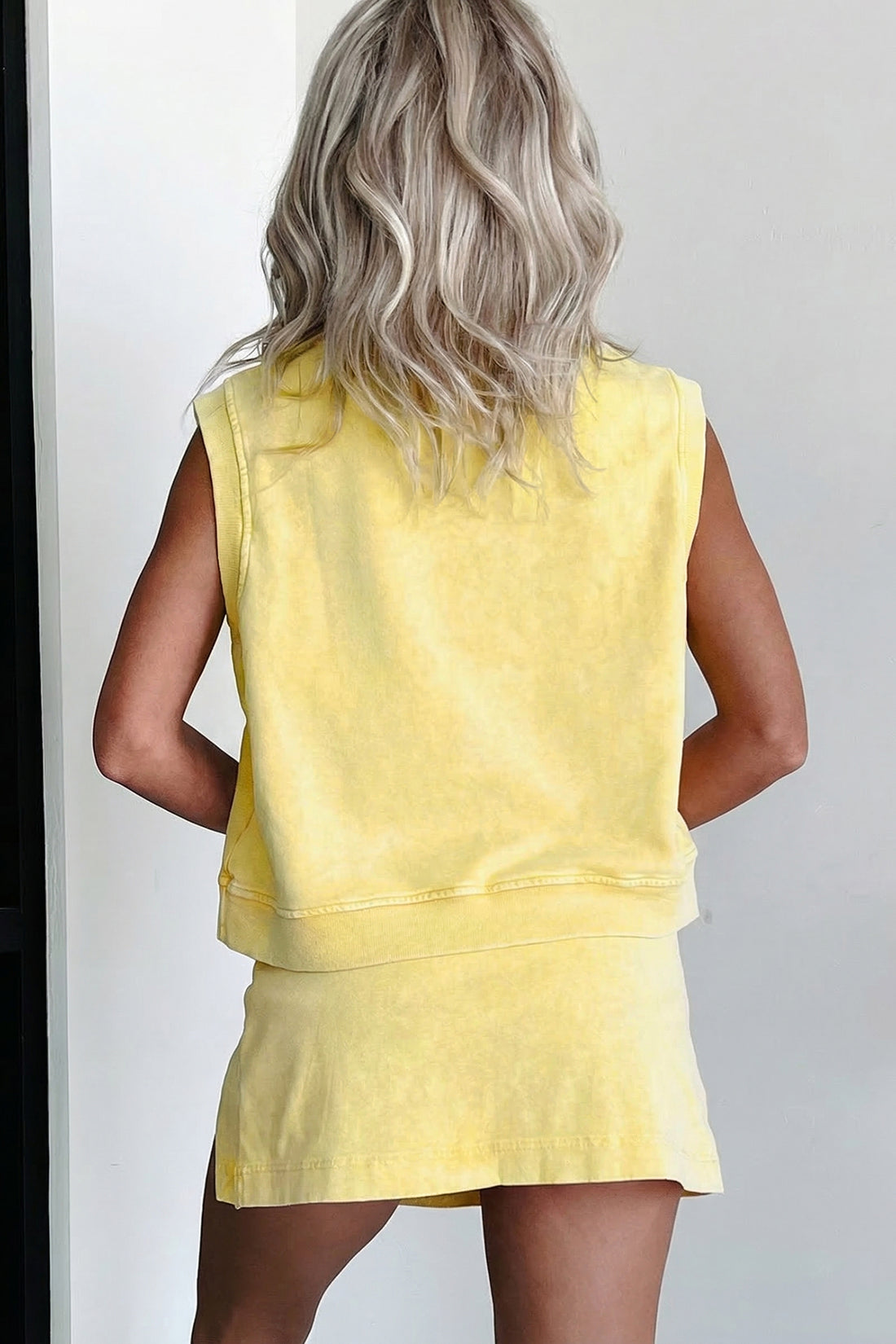 Yellow Cream Solid Color Washed Sleeveless Top Split Skort Cotton 2pcs Outfit