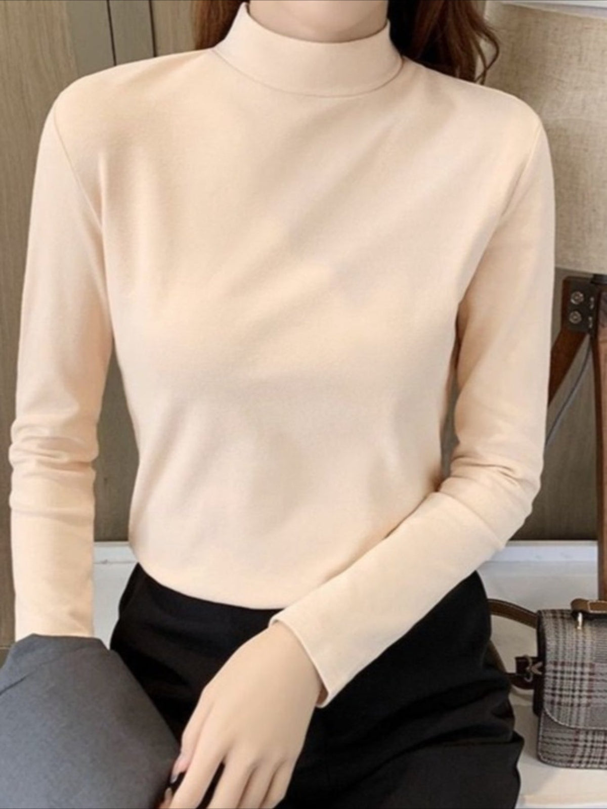 Casual Plain Half Turtleneck Skinny Soft Clouds T-shirt