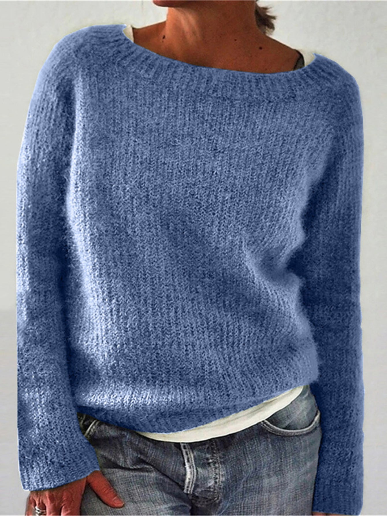Solid Color Pullover Casual Long Sleeve Cozy Crew Neck Knit Sweater