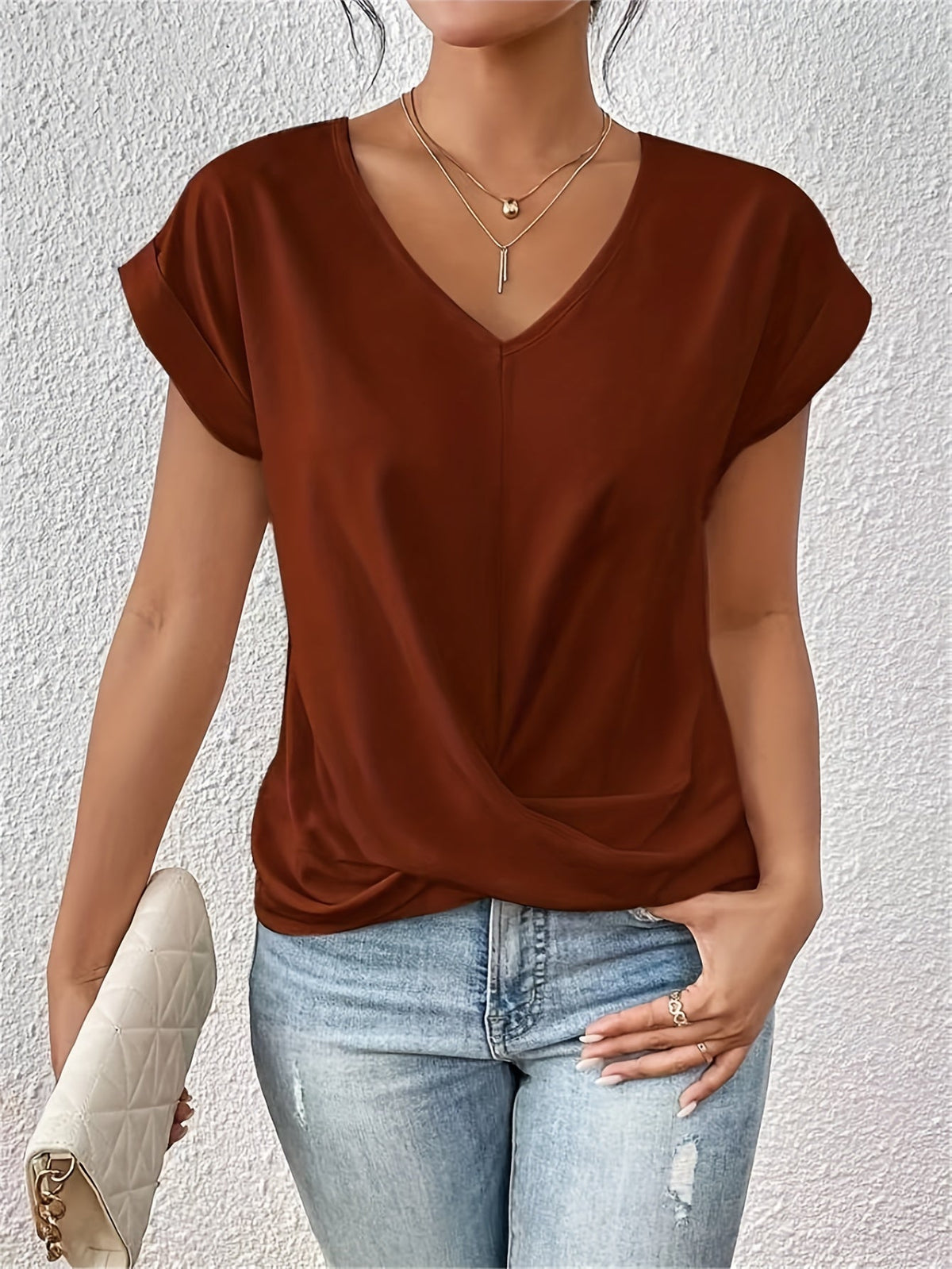 Women's Knot V Neck T-Shirt - Casual Short Sleeve Top
