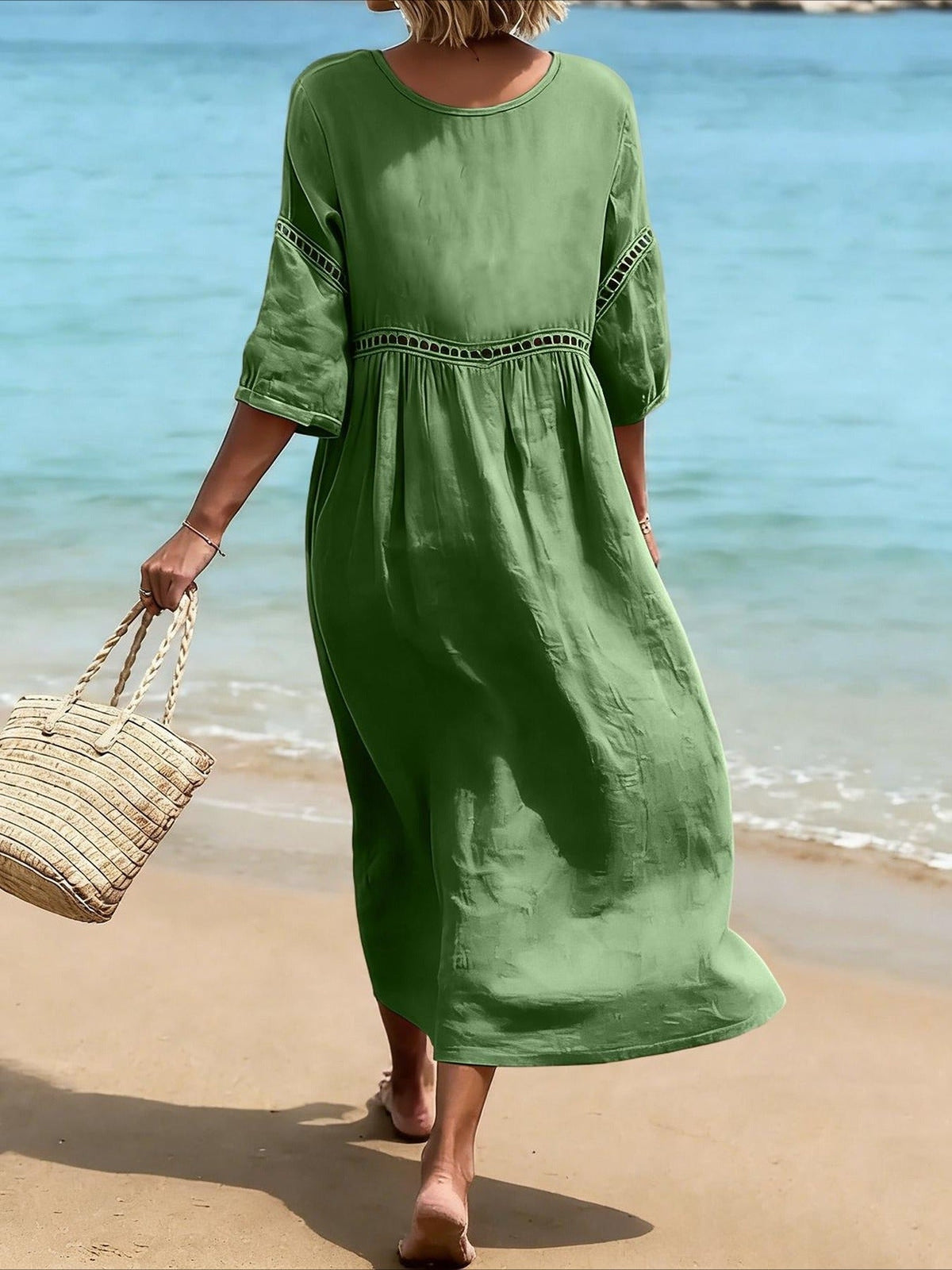 Casual V-Neck Solid Color Hollow Out Dress