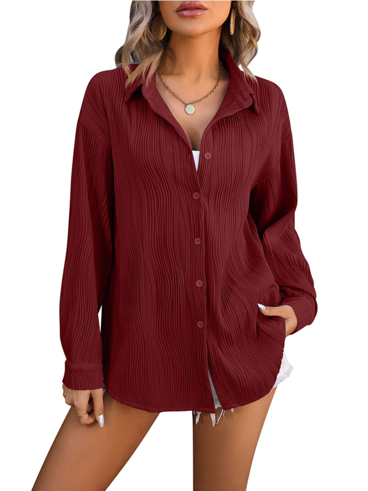 Solid Textured Button Front Shirt, Vintage Long Sleeve Shirt