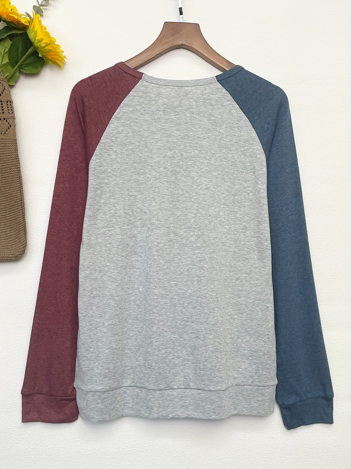 Color Block Long Sleeve Shirt, Oversized Crew Neck Top