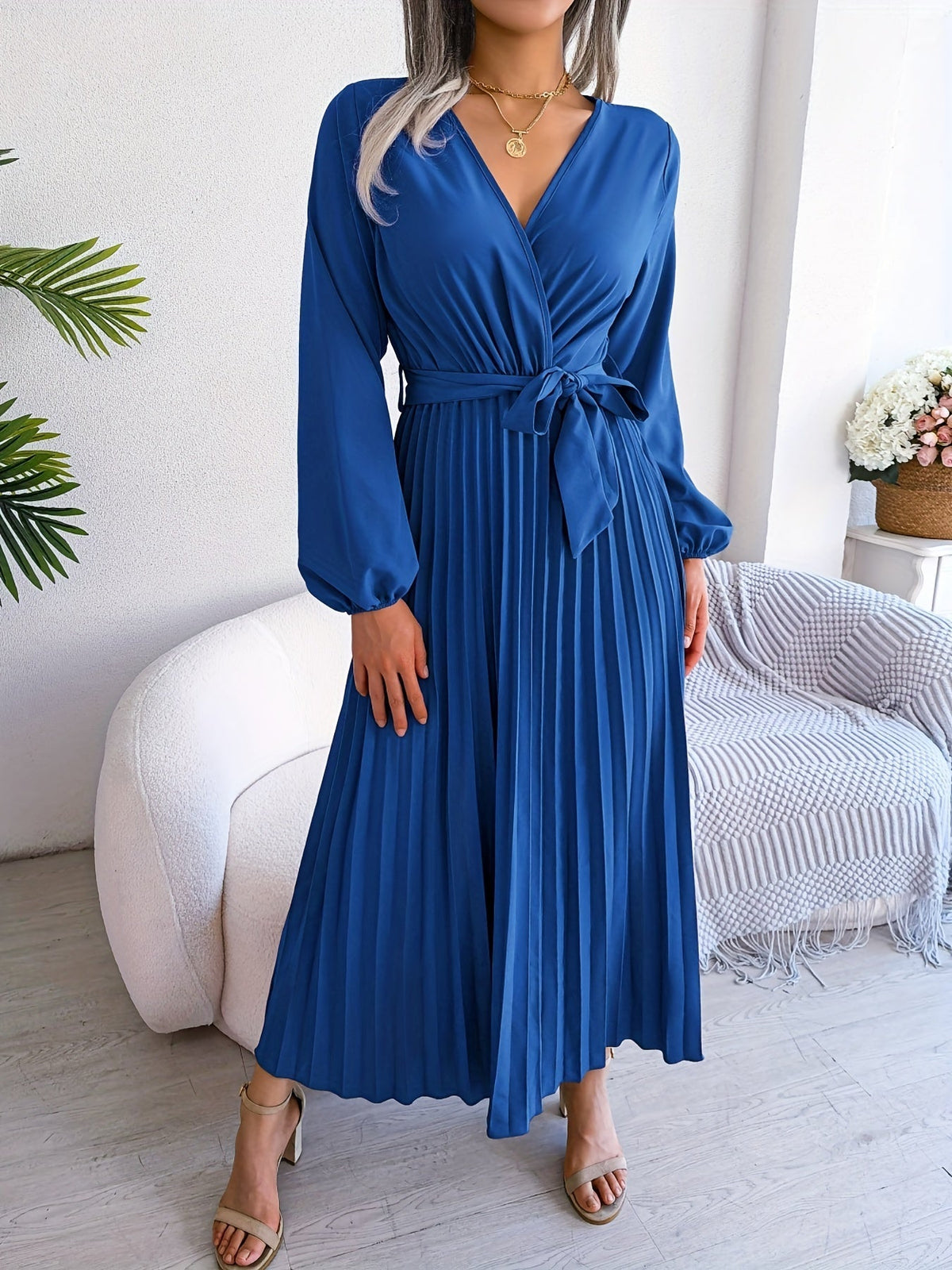 Pleated Surplice Neck Dress, Elegant Long Sleeve Solid Dress, Women's Clothing