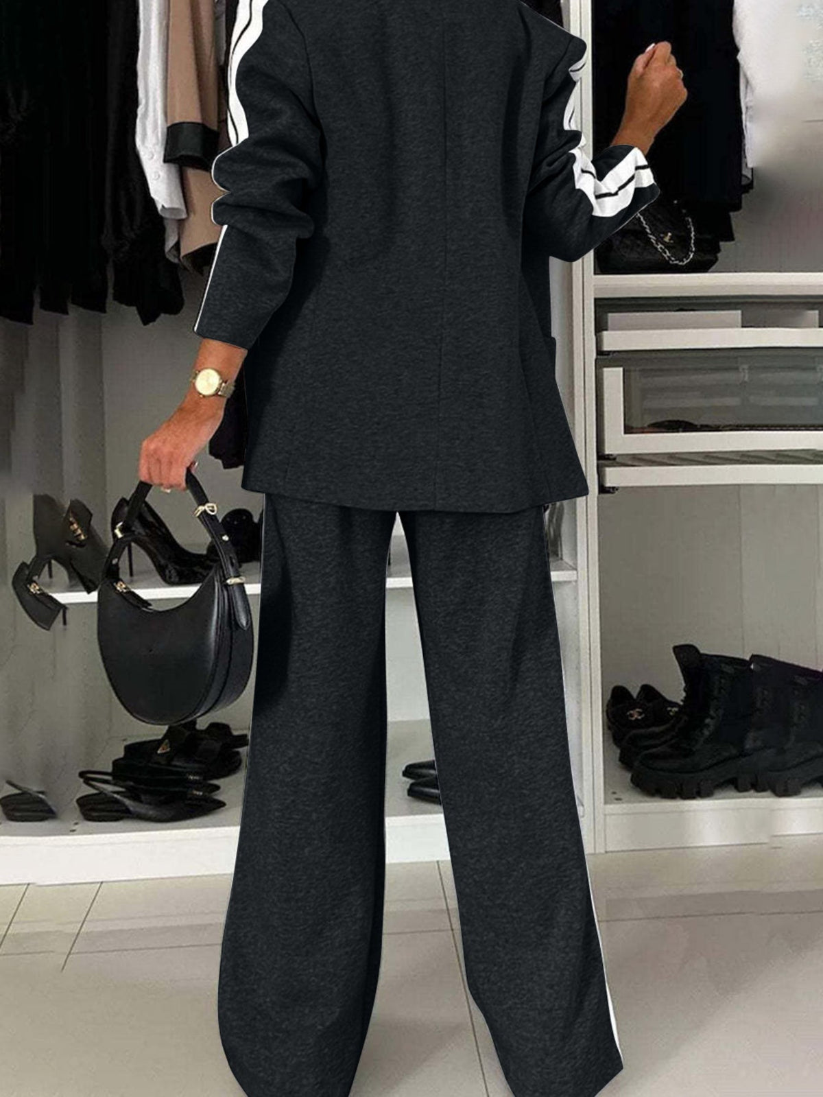 Full Size Contrast Lapel Collar Top and Pants Set