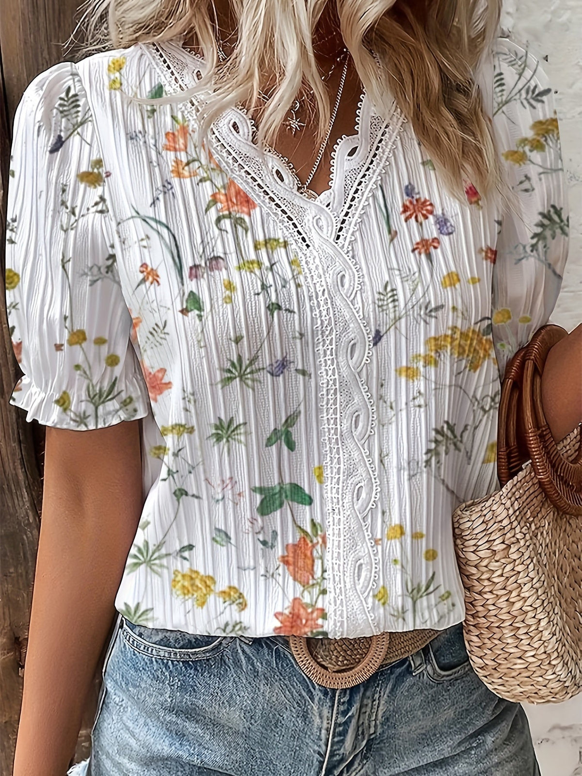 Floral Print Lace Trim Blouse, Vacation Striped V Neck Short Sleeve Blouse