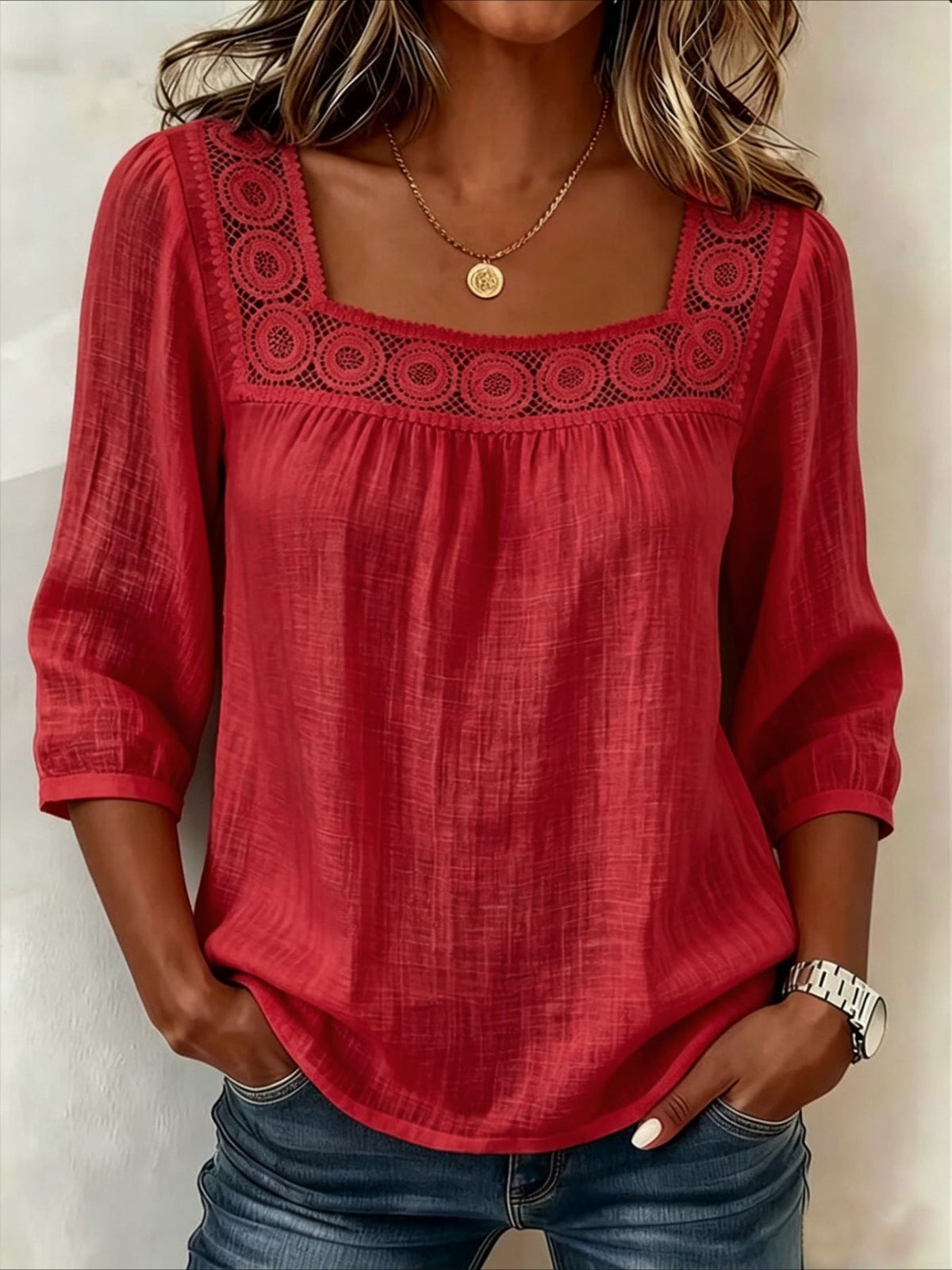 Linen Blend Square Neck Loose Elegant Blouse