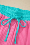 Sachet Pink Soft Ribbed Color Block Trim Casual Short Set
