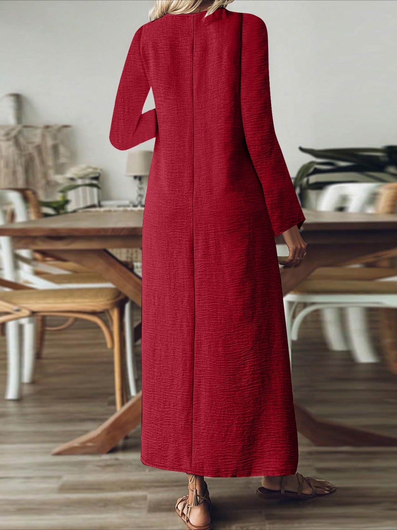 Back Zipper Solid Color Long Sleeve Cotton and Linen Dress