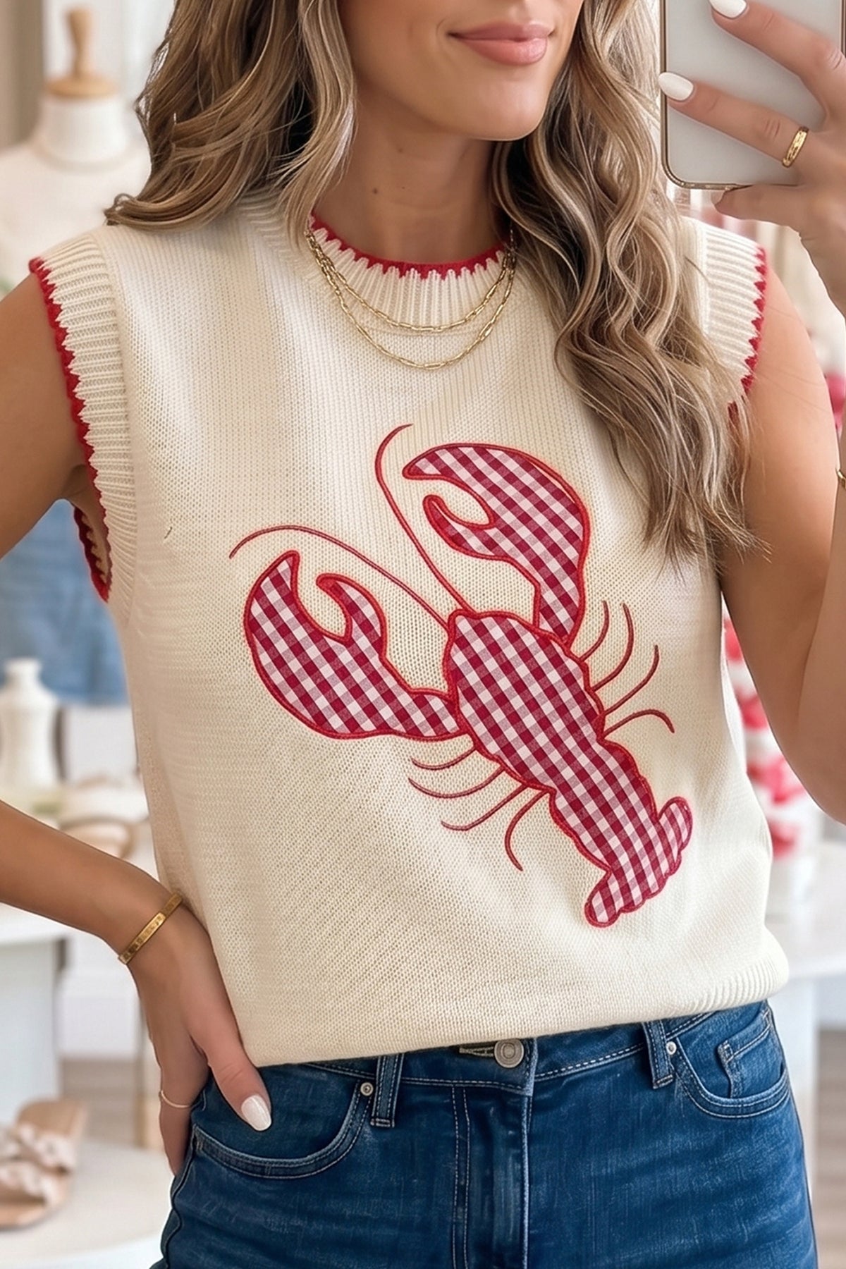 Beige Plaid Crawfish Crew Neck Knit Sweater Vest