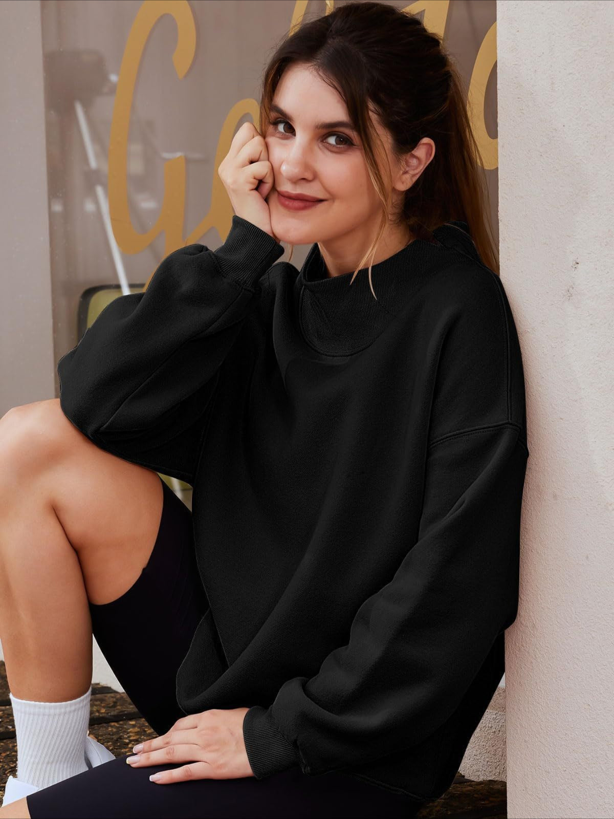 Oversized Mock Neck Drop Shoulder Sweatshirt