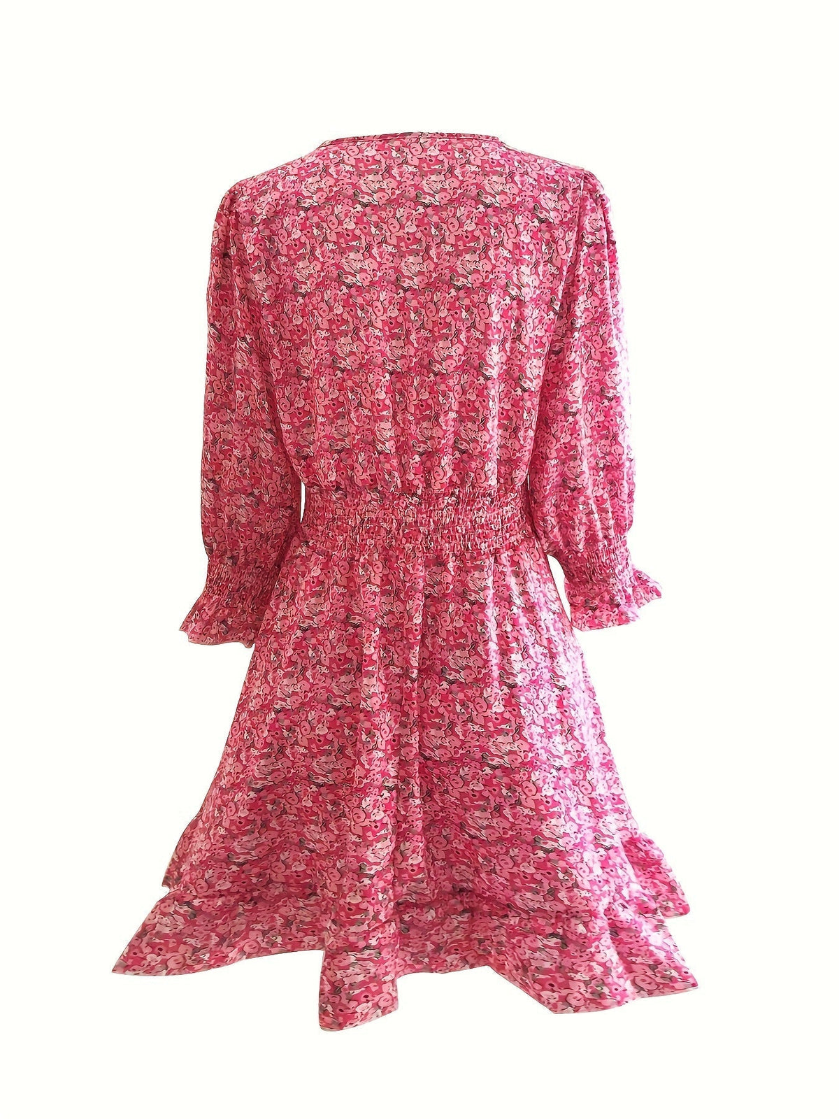 Ditsy Floral Print Dress, Casual V Neck Layered Ruffle Trim Dress With Buttons