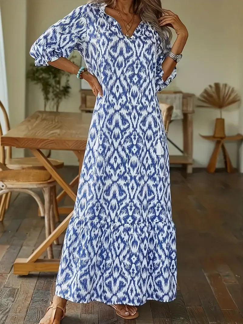 V Neck Half Sleeve Loose Floral Maxi Dress