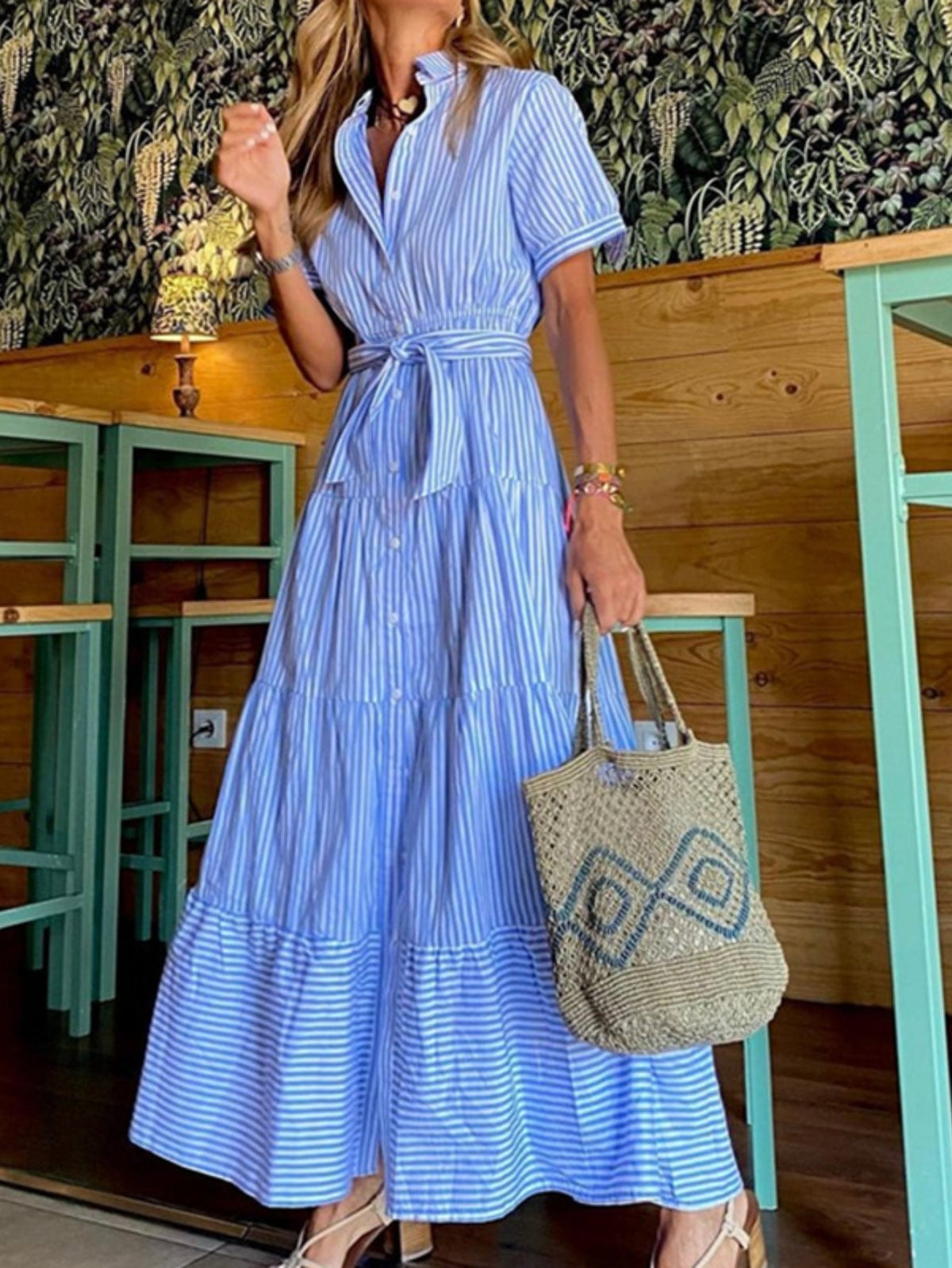 Button Front Short Sleeves Vibrant Striped Tunic Shirt Maxi Dress