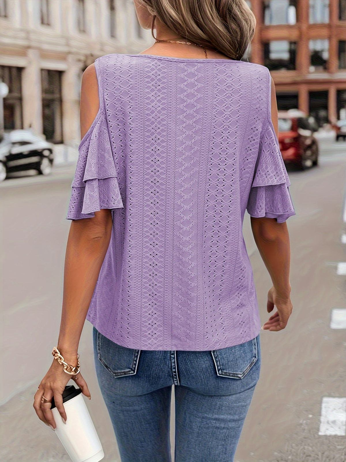 Cold Shoulder V Neck Eyelet T-Shirt, Casual Flutter Tiered Sleeve T-Shirt