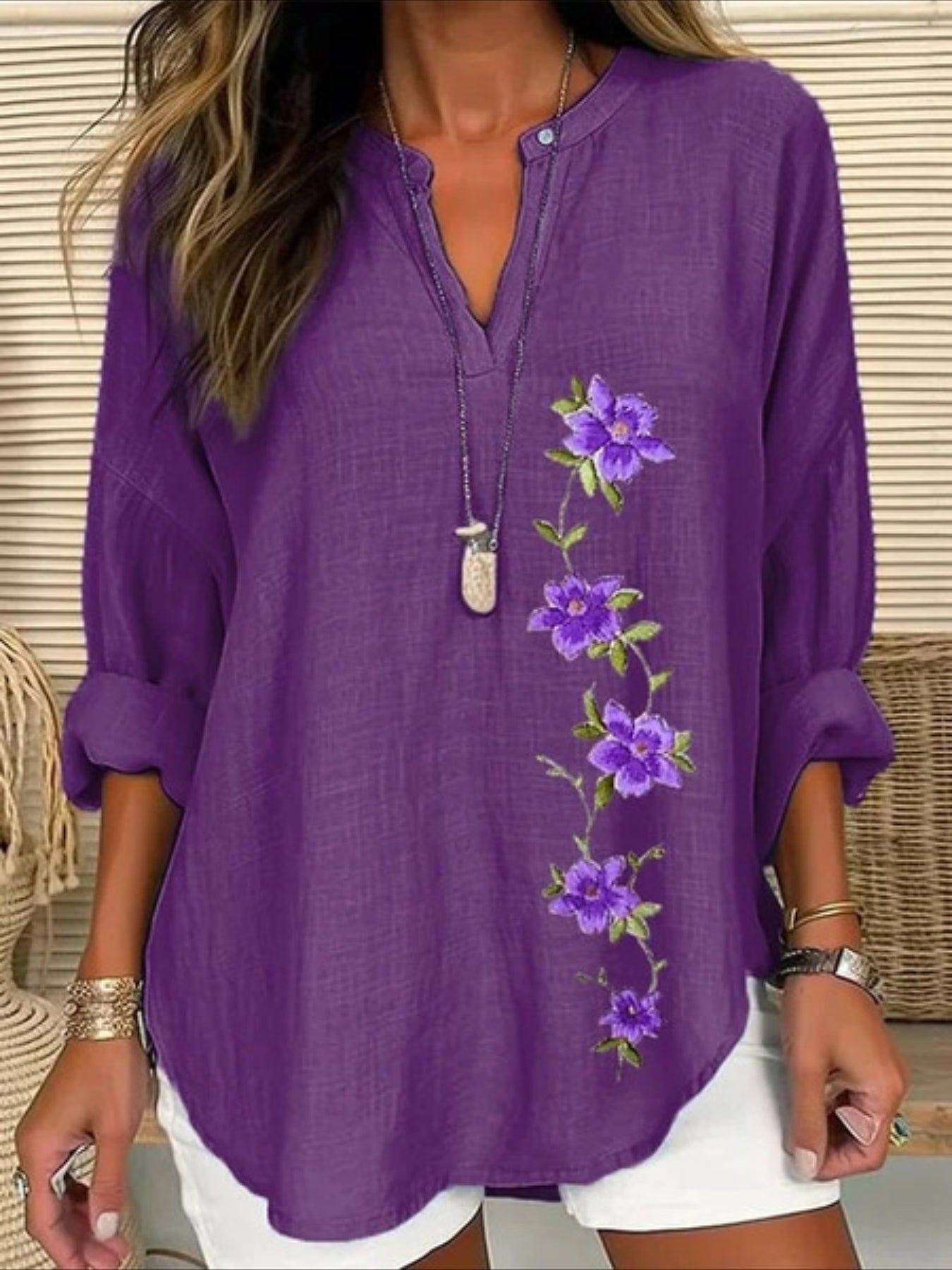 Abstract Long Sleeve Blouse Spring/Fall Printing V Neck Daily Casual Top