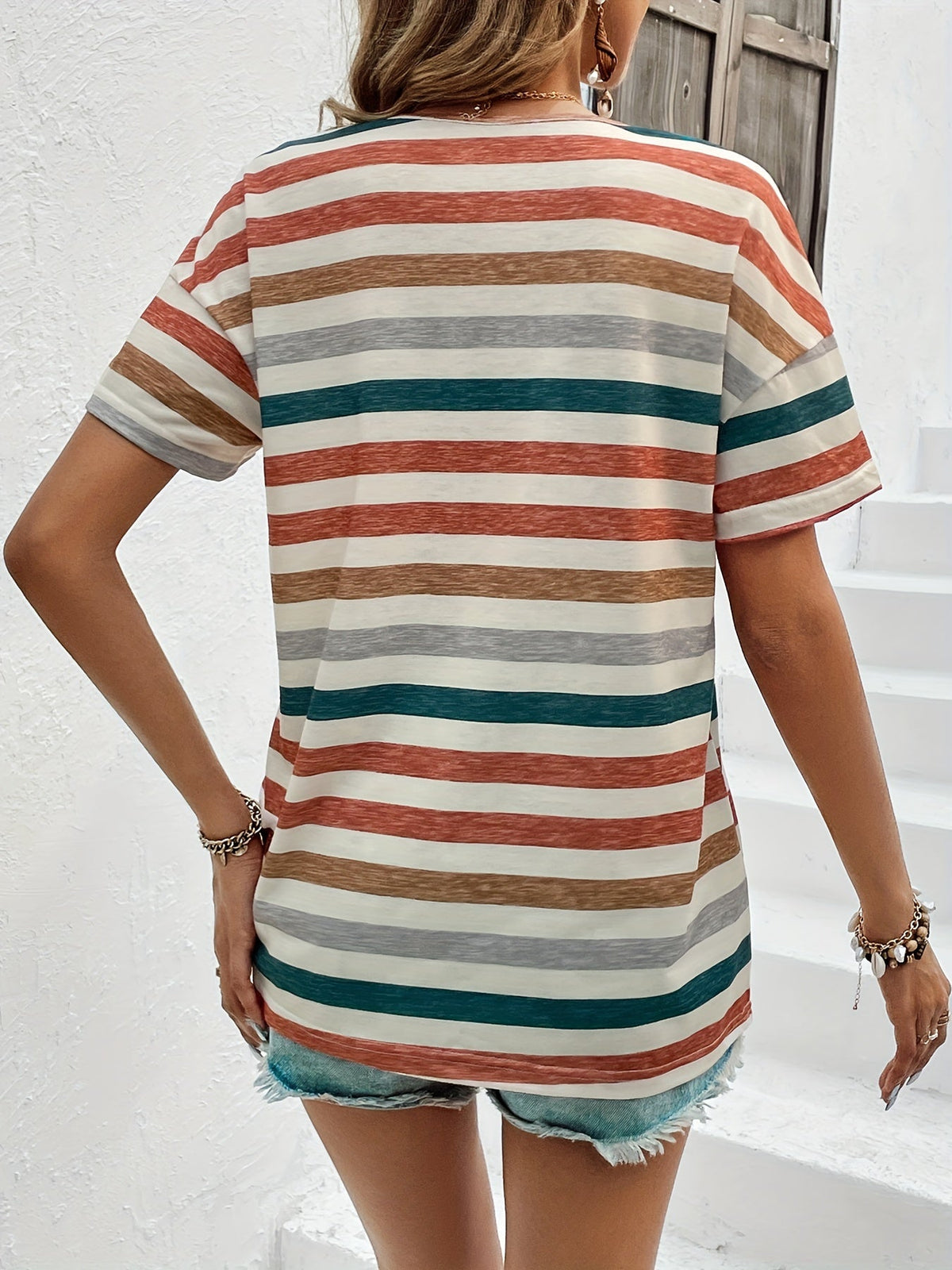 Vintage Striped V Neck Short Sleeve T-Shirt