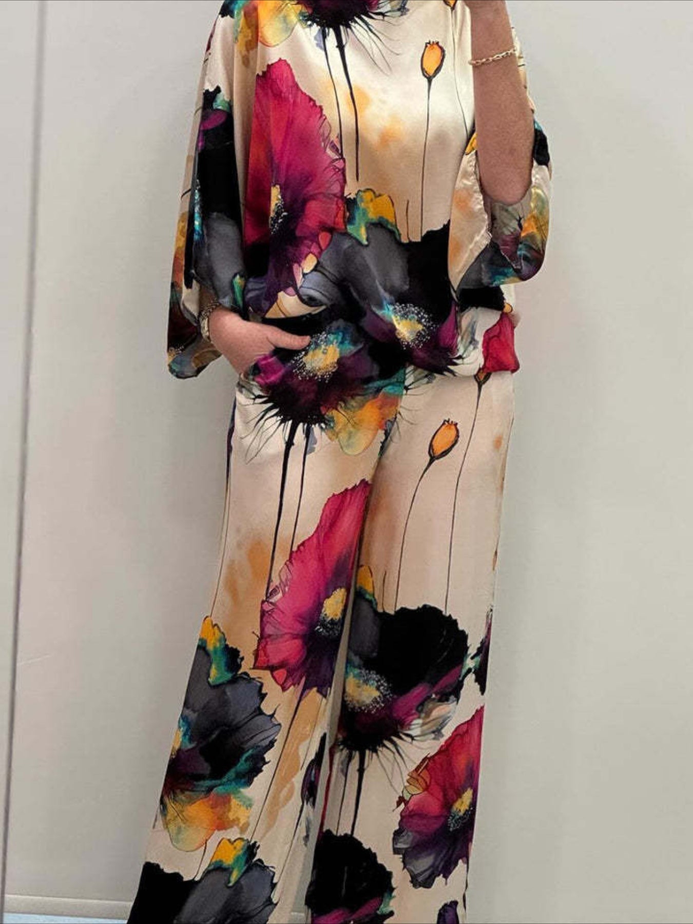 2 Pieces 3/4 Length Sleeve Crew Neck Floral Print Casual Pants Sets